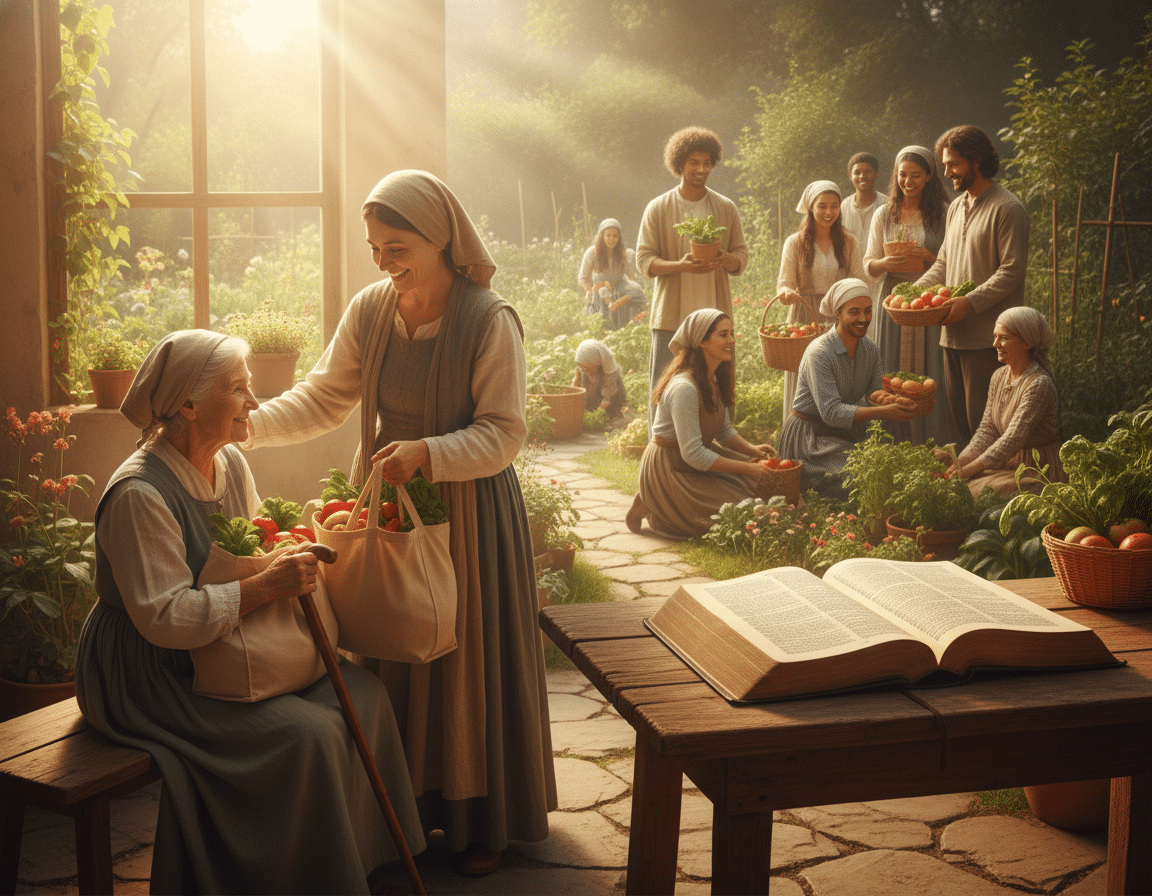 A serene scene depicting a diverse group of individuals engaged in acts of service, embodying a biblical service model. In the foreground, you see two people, a man and a woman, dressed in modest casual clothing, gently helping an elderly person with groceries. The middle section showcases an open Bible on a rustic wooden table, illuminated by soft, natural light filtering through a window, symbolizing guidance and faith. In the background, a peaceful community garden flourishes, where volunteers tend to plants and share smiles, conveying a sense of unity and purpose. The overall atmosphere is warm, calm, and uplifting, reflecting the essence of serving others through love and faith, with harmonious, comforting colors enhancing the mood. A serene scene depicting a diverse group of individuals engaged in acts of service, embodying a biblical service model. In the foreground, you see two people, a man and a woman, dressed in modest casual clothing, gently helping an elderly person with groceries. The middle section showcases an open Bible on a rustic wooden table, illuminated by soft, natural light filtering through a window, symbolizing guidance and faith. In the background, a peaceful community garden flourishes, where volunteers tend to plants and share smiles, conveying a sense of unity and purpose. The overall atmosphere is warm, calm, and uplifting, reflecting the essence of serving others through love and faith, with harmonious, comforting colors enhancing the mood.