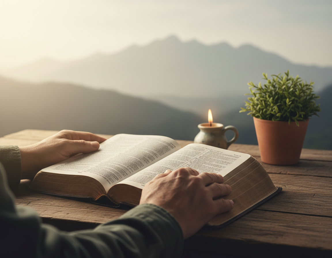A serene scene depicting the concept of perseverance in the Bible. In the foreground, a pair of hands gently holds an open Bible, illuminated by warm, natural light that streams in from a nearby window. The middle layer features a peaceful setting with soft, earthy tones, including a wooden table and a small candle flickering, creating a cozy atmosphere. In the background, a faint silhouette of a mountain range signifies the challenges faced in life, symbolizing perseverance. The overall mood is calm and reflective, inviting feelings of faith and endurance. Capture this moment from a slightly elevated angle to emphasize the hands and the Bible, ensuring the composition feels intimate and personal. A serene scene depicting the concept of perseverance in the Bible. In the foreground, a pair of hands gently holds an open Bible, illuminated by warm, natural light that streams in from a nearby window. The middle layer features a peaceful setting with soft, earthy tones, including a wooden table and a small candle flickering, creating a cozy atmosphere. In the background, a faint silhouette of a mountain range signifies the challenges faced in life, symbolizing perseverance. The overall mood is calm and reflective, inviting feelings of faith and endurance. Capture this moment from a slightly elevated angle to emphasize the hands and the Bible, ensuring the composition feels intimate and personal.