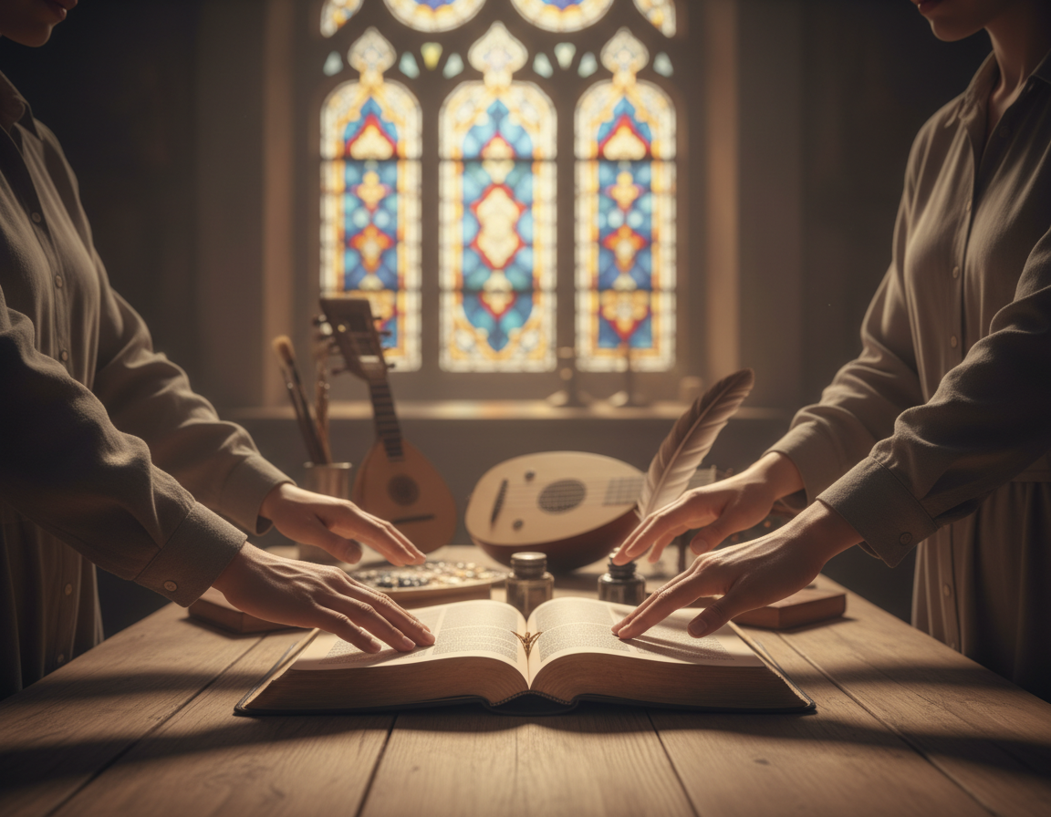 A serene scene depicting the historical context of god-given gifts, showcasing an open Bible on a wooden table bathed in soft, natural light. In the foreground, hands of diverse individuals in modest, professional attire gently touch the pages, depicting unity in faith. The middle ground features subtle symbols of talents, such as a paintbrush, a musical instrument, and a pen, representing creativity, worship, and expression. In the background, a blurred image of a stained-glass window casts colorful light, enhancing the spiritual atmosphere. The overall mood is peaceful and inspiring, inviting a sense of reflection and purpose, suggesting the journey of using one’s gifts for a higher calling. A serene scene depicting the historical context of god-given gifts, showcasing an open Bible on a wooden table bathed in soft, natural light. In the foreground, hands of diverse individuals in modest, professional attire gently touch the pages, depicting unity in faith. The middle ground features subtle symbols of talents, such as a paintbrush, a musical instrument, and a pen, representing creativity, worship, and expression. In the background, a blurred image of a stained-glass window casts colorful light, enhancing the spiritual atmosphere. The overall mood is peaceful and inspiring, inviting a sense of reflection and purpose, suggesting the journey of using one’s gifts for a higher calling.