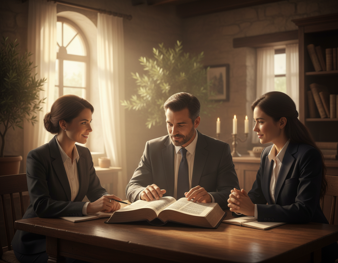 A serene scene depicting the importance of teamwork in scripture, featuring a diverse group of three individuals, including a man and two women, engaged in a collaborative discussion around an open Bible on a wooden table. In the foreground, the Bible should be open to highlight specific passages, symbolizing teamwork and unity. In the middle, the individuals are dressed in professional business attire, their expressions showing warmth and cooperation. The background features a softly lit room with natural light filtering through a window, illuminating the space with calm tones. The overall atmosphere conveys a sense of faith, peace, and the strength found in working together, fostering a deeper understanding of biblical principles. A serene scene depicting the importance of teamwork in scripture, featuring a diverse group of three individuals, including a man and two women, engaged in a collaborative discussion around an open Bible on a wooden table. In the foreground, the Bible should be open to highlight specific passages, symbolizing teamwork and unity. In the middle, the individuals are dressed in professional business attire, their expressions showing warmth and cooperation. The background features a softly lit room with natural light filtering through a window, illuminating the space with calm tones. The overall atmosphere conveys a sense of faith, peace, and the strength found in working together, fostering a deeper understanding of biblical principles.