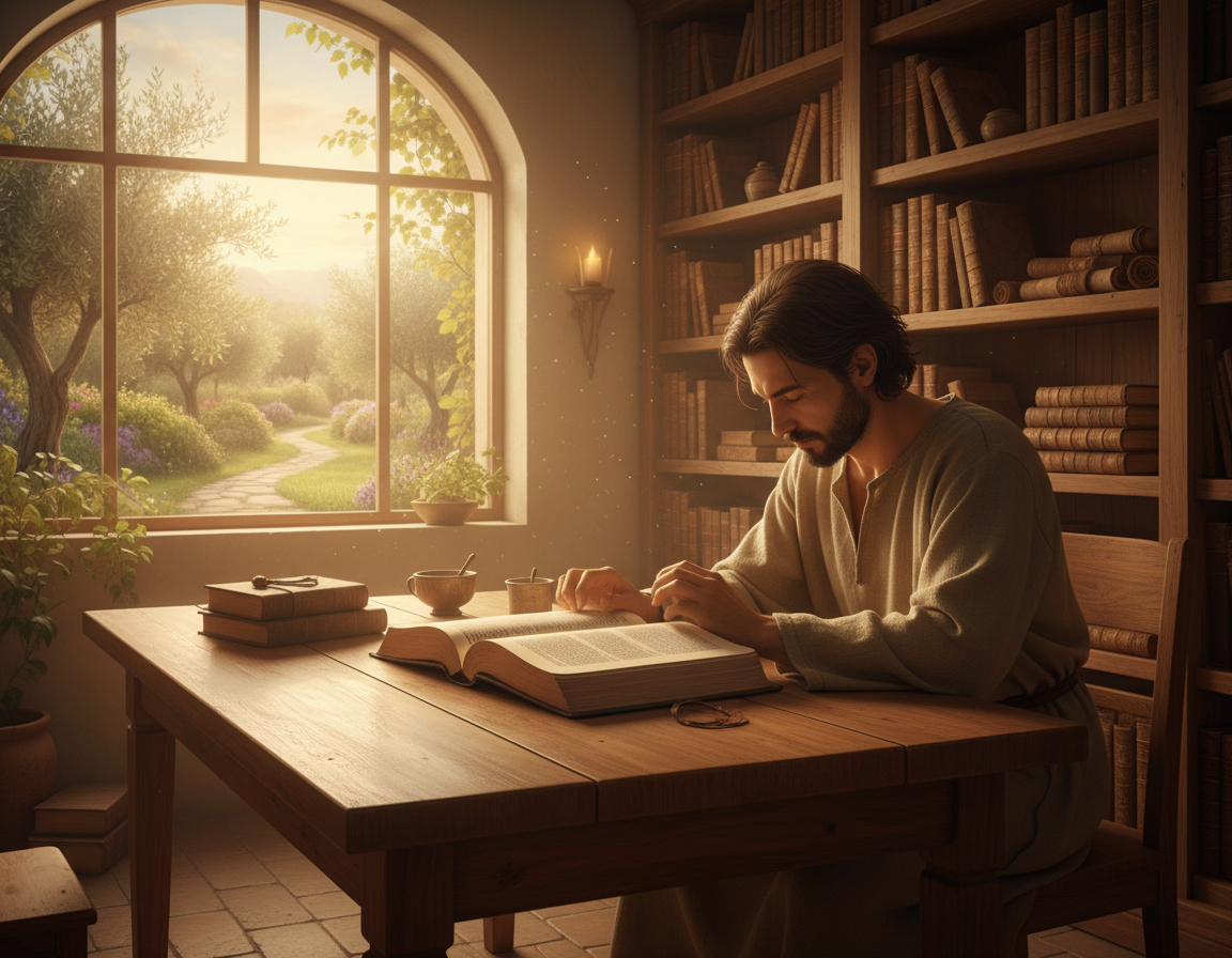 A serene study room bathed in soft, natural light, where an open Bible rests on a wooden table, symbolizing diligence and wisdom. In the foreground, a focused person in modest casual clothing thoughtfully studies the scripture, their expression reflecting deep contemplation and a sense of purpose. The middle layer features shelves lined with books, representing knowledge and the importance of learning in overcoming laziness. In the background, a window reveals a peaceful garden, suggesting growth and serenity. The atmosphere is calm and inspiring, encouraging a diligent pursuit of faith and understanding. Capture this scene from a slightly elevated angle to emphasize the connection between the individual and their study, with warm, earthy tones to evoke a sense of warmth and encouragement. A serene study room bathed in soft, natural light, where an open Bible rests on a wooden table, symbolizing diligence and wisdom. In the foreground, a focused person in modest casual clothing thoughtfully studies the scripture, their expression reflecting deep contemplation and a sense of purpose. The middle layer features shelves lined with books, representing knowledge and the importance of learning in overcoming laziness. In the background, a window reveals a peaceful garden, suggesting growth and serenity. The atmosphere is calm and inspiring, encouraging a diligent pursuit of faith and understanding. Capture this scene from a slightly elevated angle to emphasize the connection between the individual and their study, with warm, earthy tones to evoke a sense of warmth and encouragement.