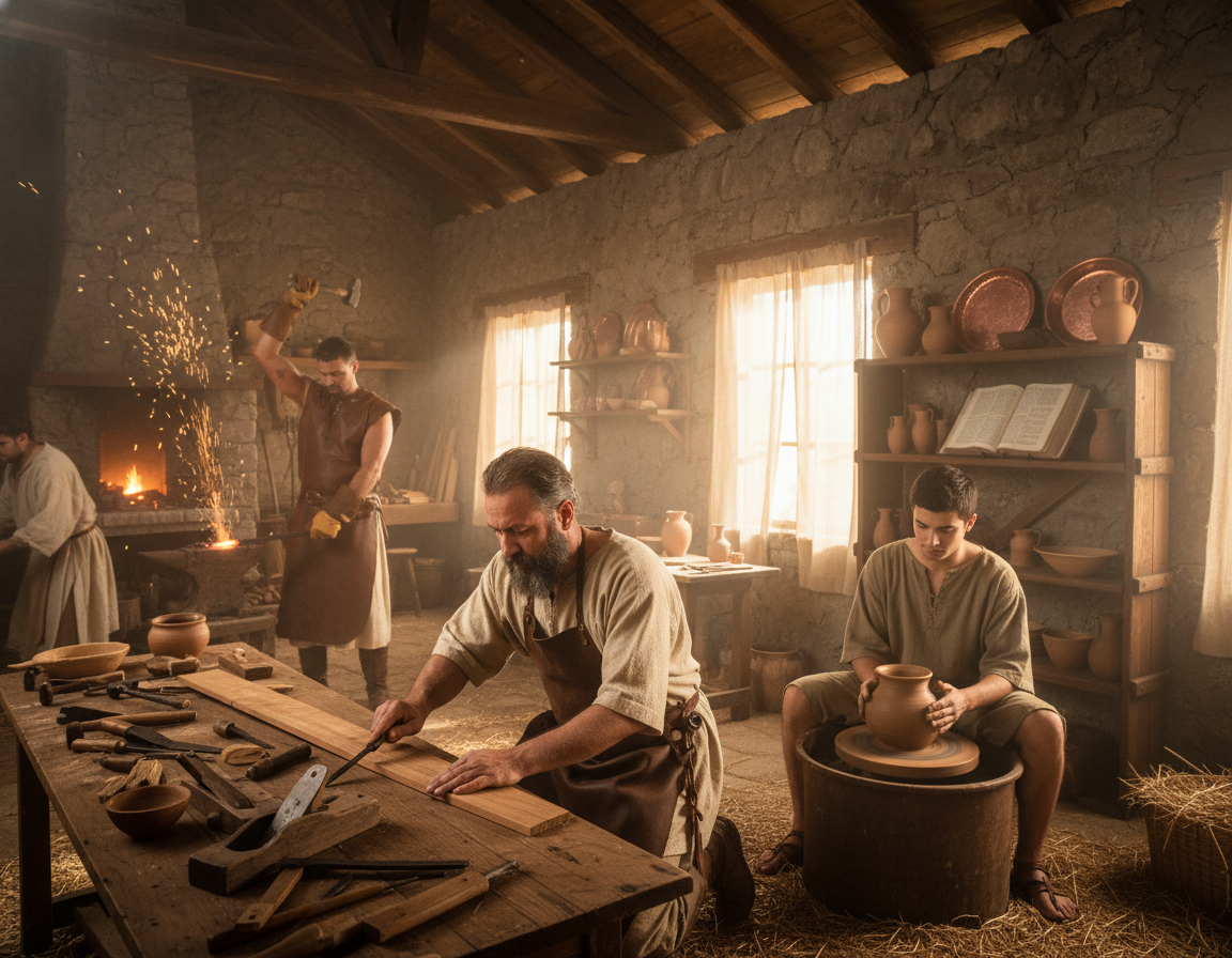 A serene workshop scene featuring ancient craftsmen engaged in various trades, showcasing their historical role. In the foreground, a skilled carpenter shapes wood with traditional tools, wearing modest, period-appropriate clothing. A potter sits at a wheel, crafting clay vessels, while a blacksmith works at an anvil, sparks flying. In the middle ground, shelves display finished artifacts, and an open Bible rests nearby, symbolizing faith and craftsmanship. The background reveals a softly lit, rustic workshop filled with natural light filtering through wooden windows, creating a warm and inviting atmosphere. Use a wide-angle lens to capture depth, emphasizing the teamwork and dedication of these artisans in a peaceful, harmonious environment that reflects the lessons learned from their craft. A serene workshop scene featuring ancient craftsmen engaged in various trades, showcasing their historical role. In the foreground, a skilled carpenter shapes wood with traditional tools, wearing modest, period-appropriate clothing. A potter sits at a wheel, crafting clay vessels, while a blacksmith works at an anvil, sparks flying. In the middle ground, shelves display finished artifacts, and an open Bible rests nearby, symbolizing faith and craftsmanship. The background reveals a softly lit, rustic workshop filled with natural light filtering through wooden windows, creating a warm and inviting atmosphere. Use a wide-angle lens to capture depth, emphasizing the teamwork and dedication of these artisans in a peaceful, harmonious environment that reflects the lessons learned from their craft.