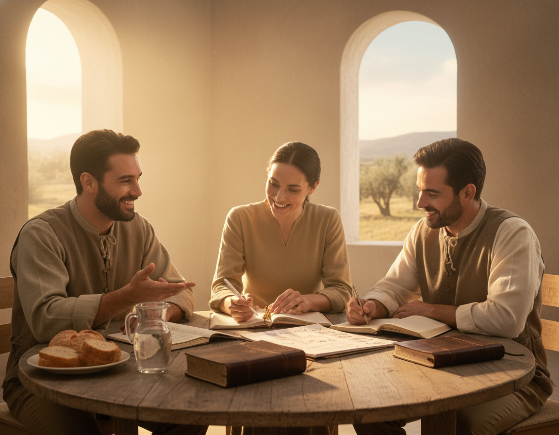A warm and inviting workplace scene reflecting generosity and collaboration. In the foreground, a diverse group of three professionals, two men and one woman, engaged in a brainstorming session, sitting around a round wooden table. They are dressed in modest business attire and are sharing ideas while smiling. The middle ground includes an open Bible and a few notebooks filled with notes, symbolizing faith and inspiration. In the background, large windows allow natural sunlight to filter in, creating a comforting atmosphere. Soft, neutral tones dominate the color scheme, enhancing the feeling of peace and support. The overall mood is harmonious and uplifting, emphasizing the connection between work and the spirit of generosity in daily life. A warm and inviting workplace scene reflecting generosity and collaboration. In the foreground, a diverse group of three professionals, two men and one woman, engaged in a brainstorming session, sitting around a round wooden table. They are dressed in modest business attire and are sharing ideas while smiling. The middle ground includes an open Bible and a few notebooks filled with notes, symbolizing faith and inspiration. In the background, large windows allow natural sunlight to filter in, creating a comforting atmosphere. Soft, neutral tones dominate the color scheme, enhancing the feeling of peace and support. The overall mood is harmonious and uplifting, emphasizing the connection between work and the spirit of generosity in daily life.