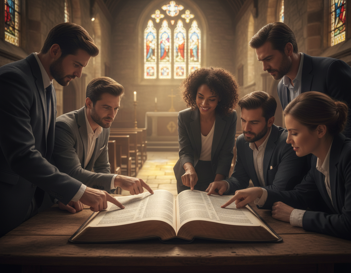 An open Bible rests on a rustic wooden table, its pages gently flipped by a soft breeze, revealing passages that speak of fair wages. In the foreground, a community of diverse individuals dressed in professional attire—men and women of various ethnic backgrounds—gather around the table in a warm, engaging discussion. The middle ground features thoughtful expressions as they point at verses, embodying understanding and respect. In the background, a serene church interior bathed in natural light filters through stained glass, creating a peaceful atmosphere. The soft tones of the scene reflect a sense of camaraderie and faith, emphasizing the importance of justice and fair compensation in scriptural teachings. An open Bible rests on a rustic wooden table, its pages gently flipped by a soft breeze, revealing passages that speak of fair wages. In the foreground, a community of diverse individuals dressed in professional attire—men and women of various ethnic backgrounds—gather around the table in a warm, engaging discussion. The middle ground features thoughtful expressions as they point at verses, embodying understanding and respect. In the background, a serene church interior bathed in natural light filters through stained glass, creating a peaceful atmosphere. The soft tones of the scene reflect a sense of camaraderie and faith, emphasizing the importance of justice and fair compensation in scriptural teachings.