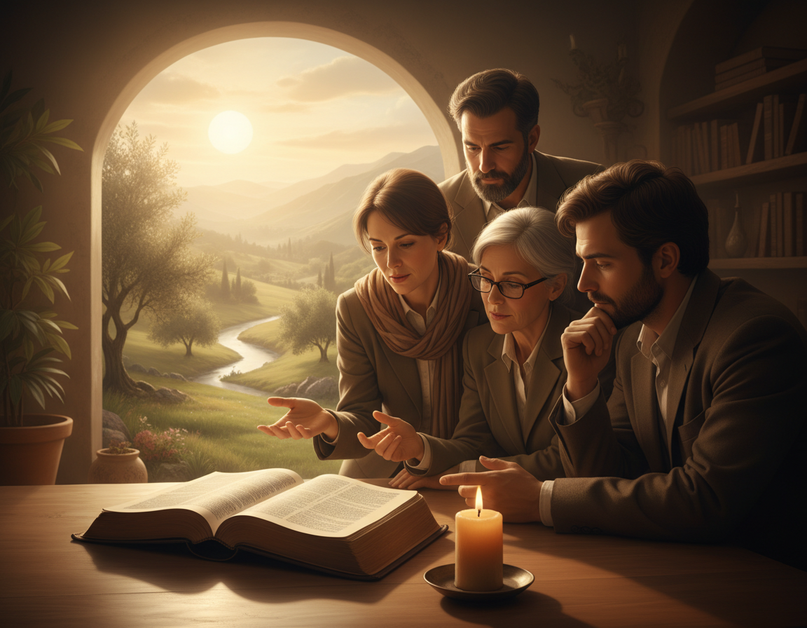 A serene and inviting workspace, featuring a large, open Bible on a polished wooden table, surrounded by warm soft lighting. In the foreground, a single candle flickers gently, symbolizing guidance and wisdom. The middle ground shows a diverse group of professionals in modest business attire, engaged in thoughtful discussion, their expressions reflecting contemplation and collaboration. In the background, a large window displays a peaceful nature scene with soft sunlight filtering through, enhancing the atmosphere of tranquility and focus. The overall mood is warm and inviting, conveying a sense of faith and calm, perfect for illustrating scriptural foundations for leadership. Emphasize natural light and soft, inviting tones to create a peaceful environment. A serene and inviting workspace, featuring a large, open Bible on a polished wooden table, surrounded by warm soft lighting. In the foreground, a single candle flickers gently, symbolizing guidance and wisdom. The middle ground shows a diverse group of professionals in modest business attire, engaged in thoughtful discussion, their expressions reflecting contemplation and collaboration. In the background, a large window displays a peaceful nature scene with soft sunlight filtering through, enhancing the atmosphere of tranquility and focus. The overall mood is warm and inviting, conveying a sense of faith and calm, perfect for illustrating scriptural foundations for leadership. Emphasize natural light and soft, inviting tones to create a peaceful environment.