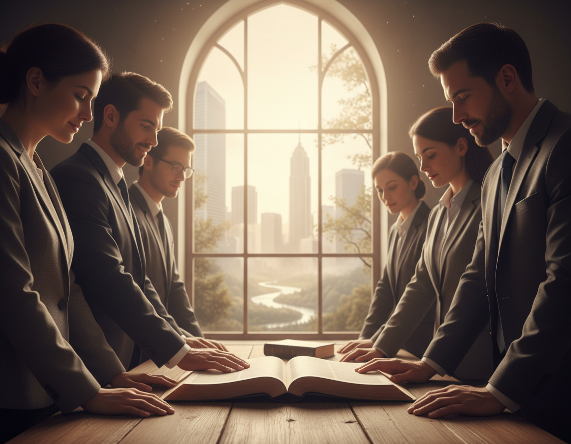 A serene depiction of the intersection of faith and ambition. In the foreground, a diverse group of professionals in modest business attire, deep in thought, are gathered around an open Bible on a wooden table. Their expressions reflect determination and hope. In the middle ground, soft natural light filters through a large window, illuminating the space and creating a warm atmosphere. The background features soft blurred images of a modern city skyline, symbolizing ambition, with subtle hints of nature integrating into the scene, representing faith. The overall mood is calm and inspirational, evoking a sense of purpose and unity between spiritual belief and personal aspirations.