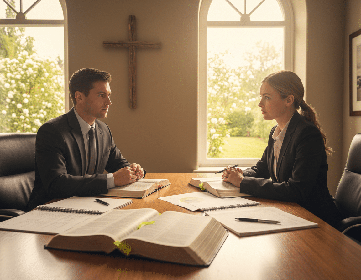 A serene office setting bathed in soft, natural light, conveying a sense of warmth and calm. In the foreground, two individuals dressed in professional business attire are engaged in a thoughtful discussion, holding open Bibles with passages highlighted, symbolizing biblical truth and accountability. The middle layer features a wooden conference table scattered with notes and pens, indicating a productive meeting environment, while a subtle cross is visible on the wall behind them, representing faith. In the background, large windows reveal a peaceful outdoor landscape with gentle greenery, enhancing the serene atmosphere. The image captures an inspiring mood of collaboration, reflection, and shared values, focused on the essence of accountability through biblical principles. A serene office setting bathed in soft, natural light, conveying a sense of warmth and calm. In the foreground, two individuals dressed in professional business attire are engaged in a thoughtful discussion, holding open Bibles with passages highlighted, symbolizing biblical truth and accountability. The middle layer features a wooden conference table scattered with notes and pens, indicating a productive meeting environment, while a subtle cross is visible on the wall behind them, representing faith. In the background, large windows reveal a peaceful outdoor landscape with gentle greenery, enhancing the serene atmosphere. The image captures an inspiring mood of collaboration, reflection, and shared values, focused on the essence of accountability through biblical principles.
