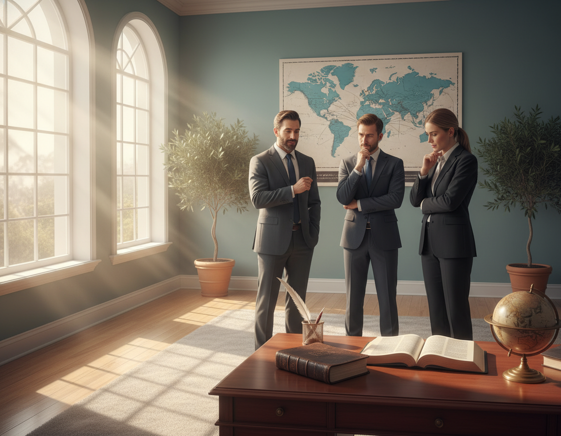 A serene office space bathed in natural light, with sunlight streaming through large windows, casting gentle shadows across the room. In the foreground, an open Bible rests on a polished wooden desk, symbolizing divine guidance in business. A diverse group of three professionals—two men and one woman—dressed in smart business attire, are engaged in thoughtful discussion, reflecting collaboration and inspiration. In the middle ground, a large world map hangs on the wall, emphasizing global connections and purpose-driven business. The soothing color palette features calm blues and greens, evoking a sense of peace and purpose. The atmosphere is warm and inviting, encouraging a deeper understanding of integrating faith into business practices. A serene office space bathed in natural light, with sunlight streaming through large windows, casting gentle shadows across the room. In the foreground, an open Bible rests on a polished wooden desk, symbolizing divine guidance in business. A diverse group of three professionals—two men and one woman—dressed in smart business attire, are engaged in thoughtful discussion, reflecting collaboration and inspiration. In the middle ground, a large world map hangs on the wall, emphasizing global connections and purpose-driven business. The soothing color palette features calm blues and greens, evoking a sense of peace and purpose. The atmosphere is warm and inviting, encouraging a deeper understanding of integrating faith into business practices.