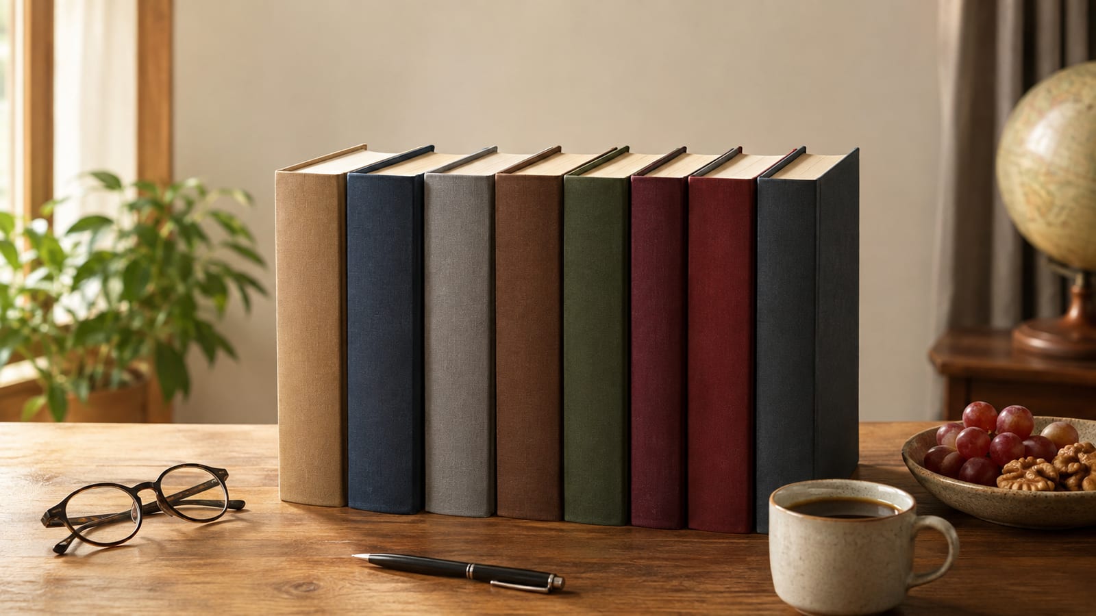 Several plain-bound commentary volumes arranged for comparison on a quiet study table