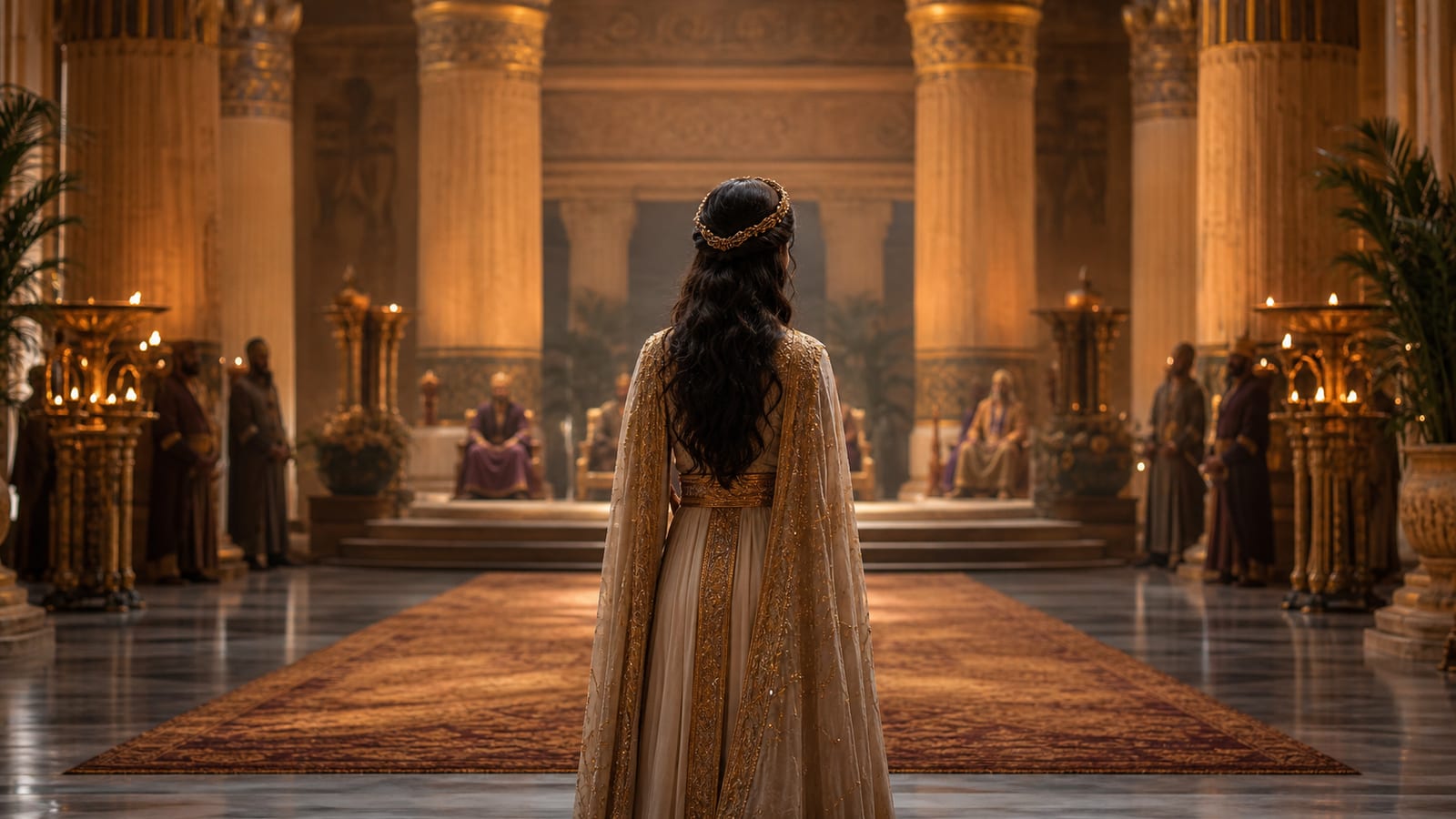 Esther standing courageously in a candlelit ancient Persian-inspired royal court, viewed from behind