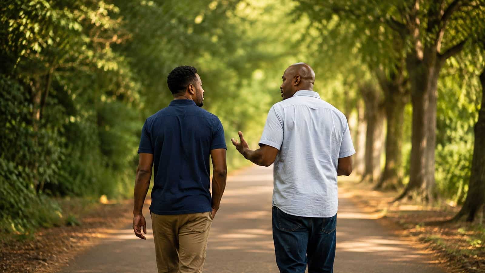 Two adults walking together outdoors after prayer, discussing spiritual growth without written materials