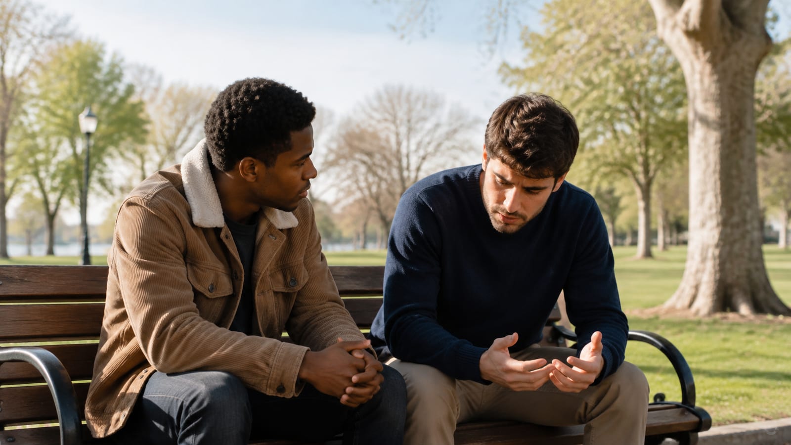 Two Christians walking side by side, sharing an attentive conversation during discipleship