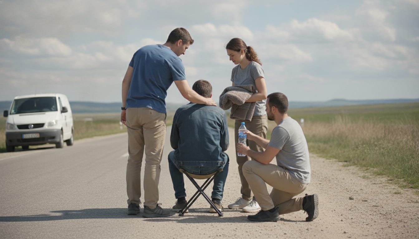Christian volunteers supporting a distressed person with water and practical care