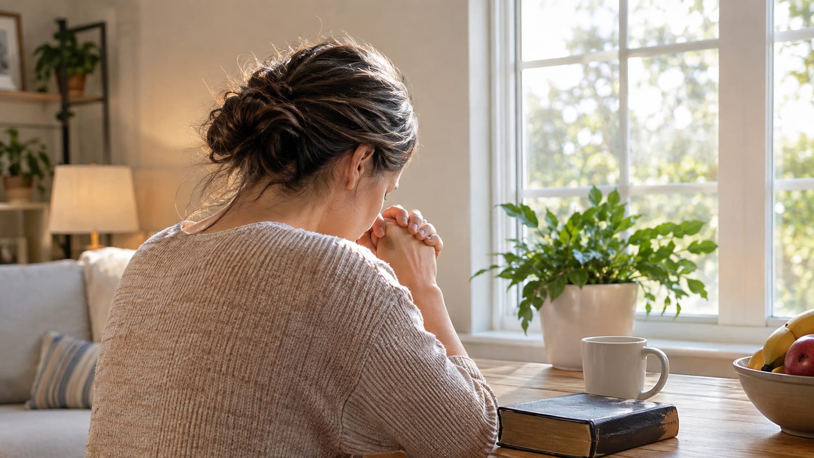Christian adult praying quietly beside a sunlit window before beginning ordinary daily responsibilities