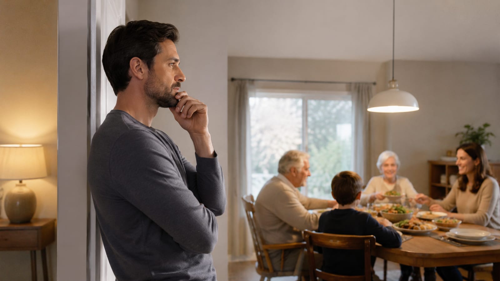 Adult weighing work obligations and family time during an ordinary weekday evening at home
