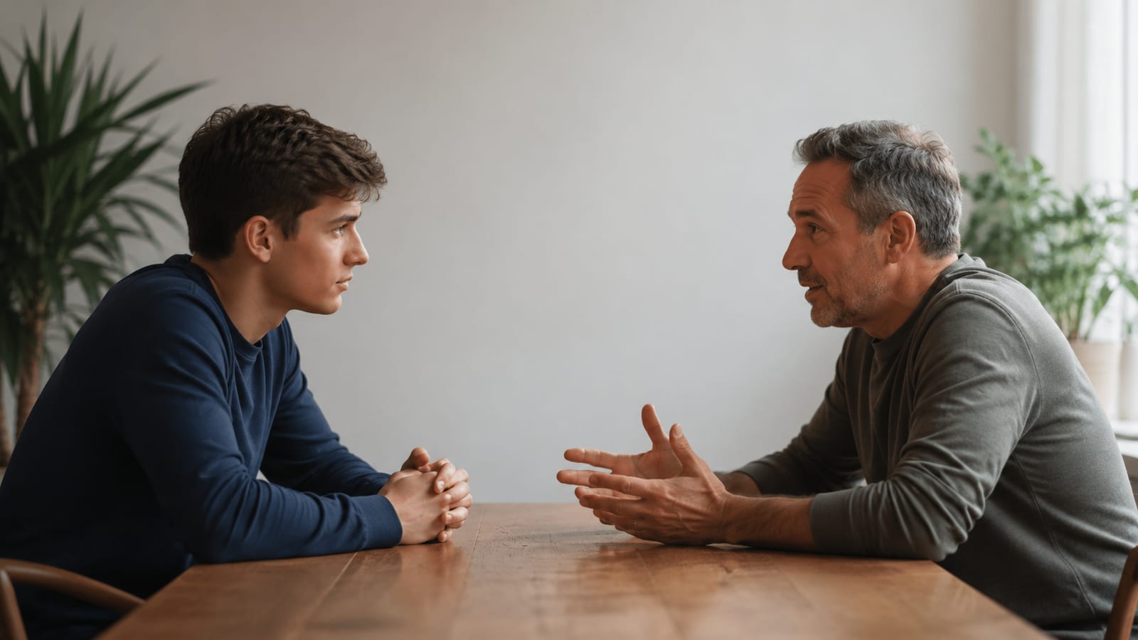 Younger Christian listening thoughtfully to an older mentor during a candid face-to-face conversation