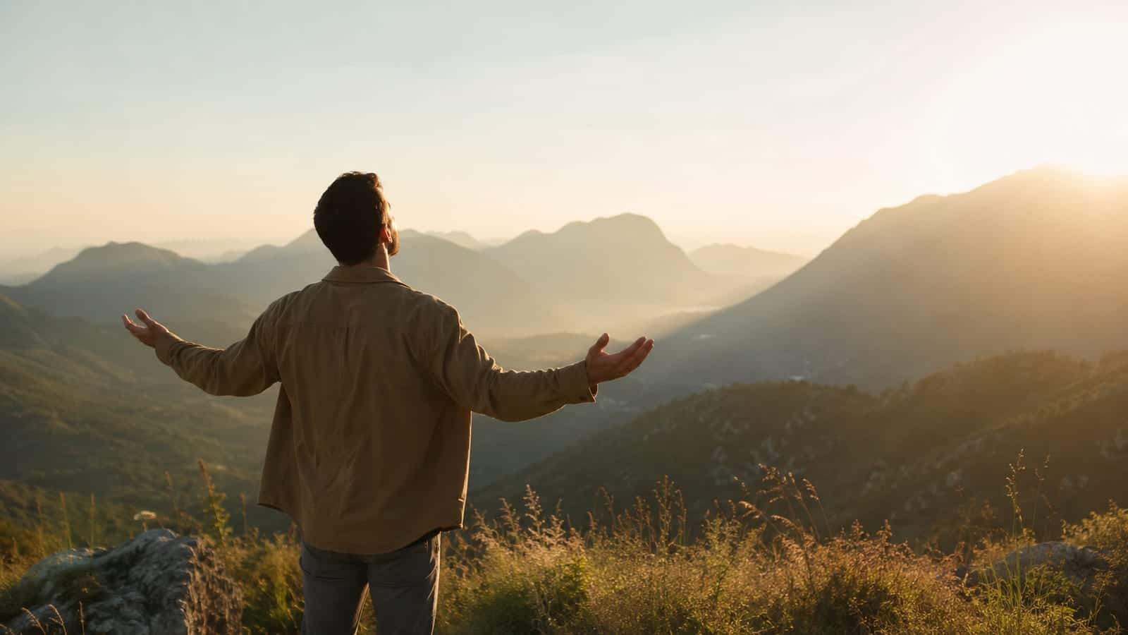 A solitary believer standing outdoors with open hands, seeking guidance in soft morning light