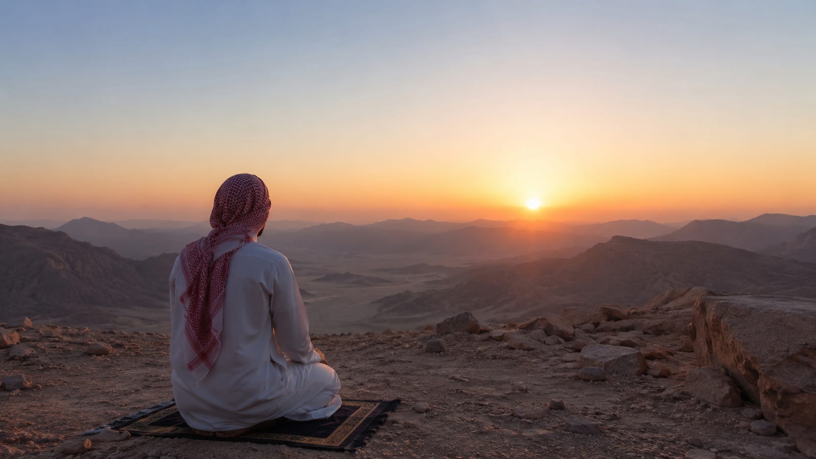 Person praying alone in a rugged biblical wilderness at sunrise, viewed from behind