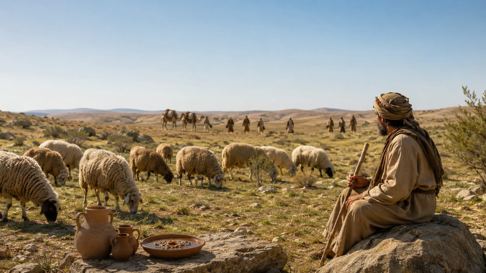 Sparse pastureland with grazing sheep, water jars, and distant travelers in biblical wilderness