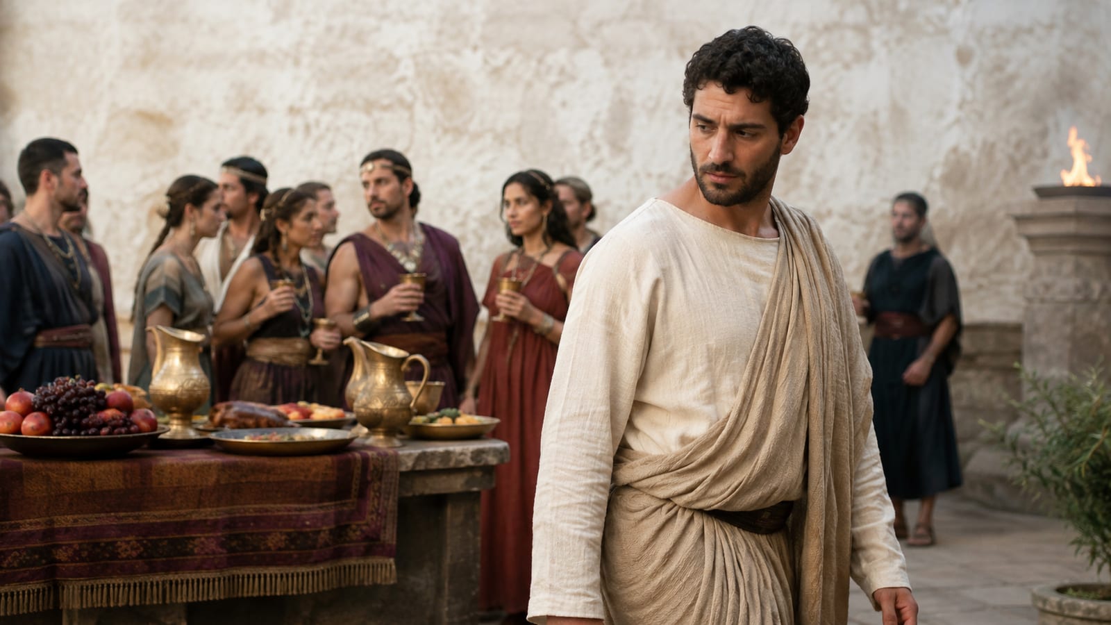 Anonymous Christian turning away from pagan banquet and ritual food offerings