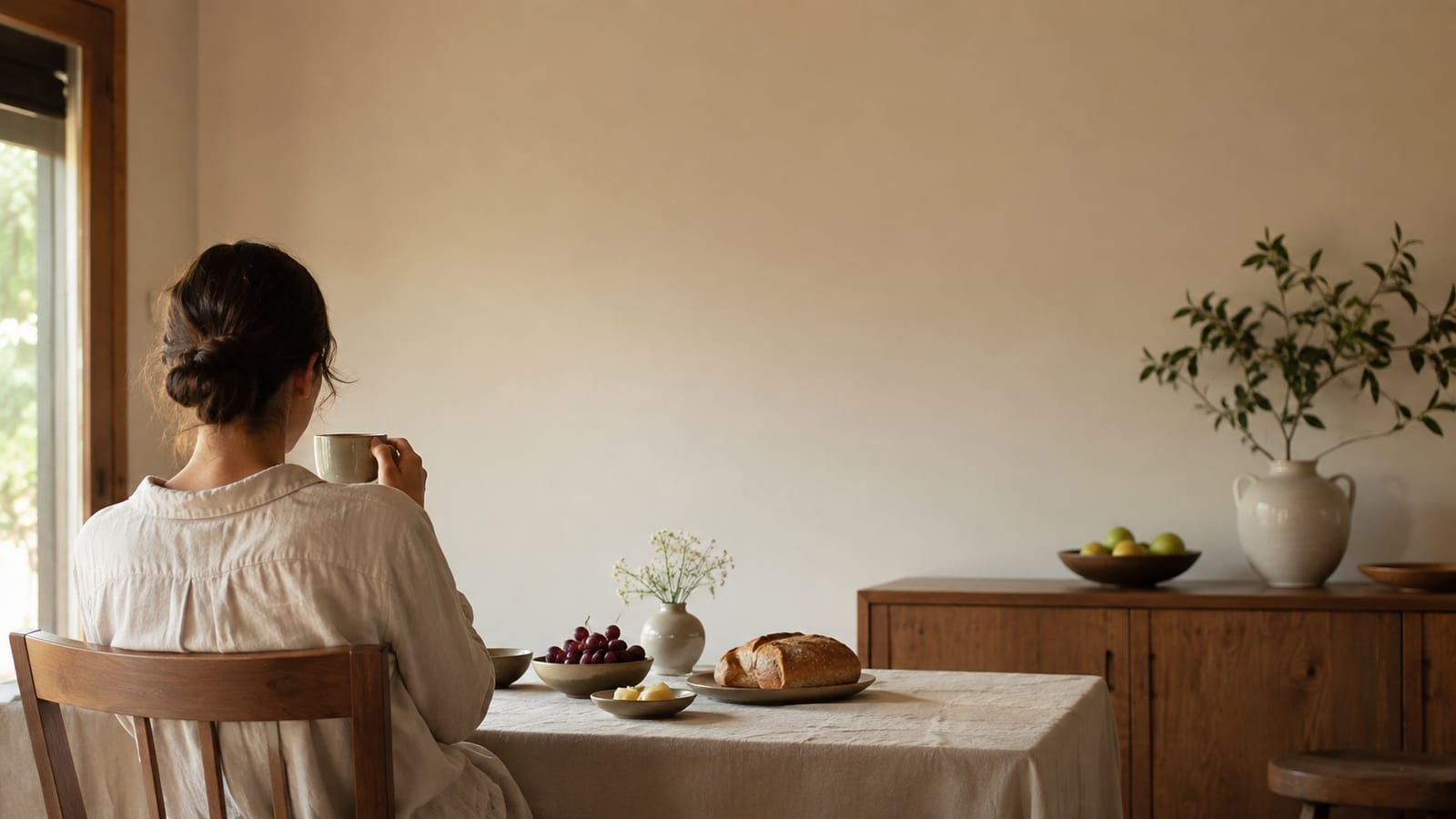 Person sitting quietly beside a simple table, reflecting on contentment rather than comparison