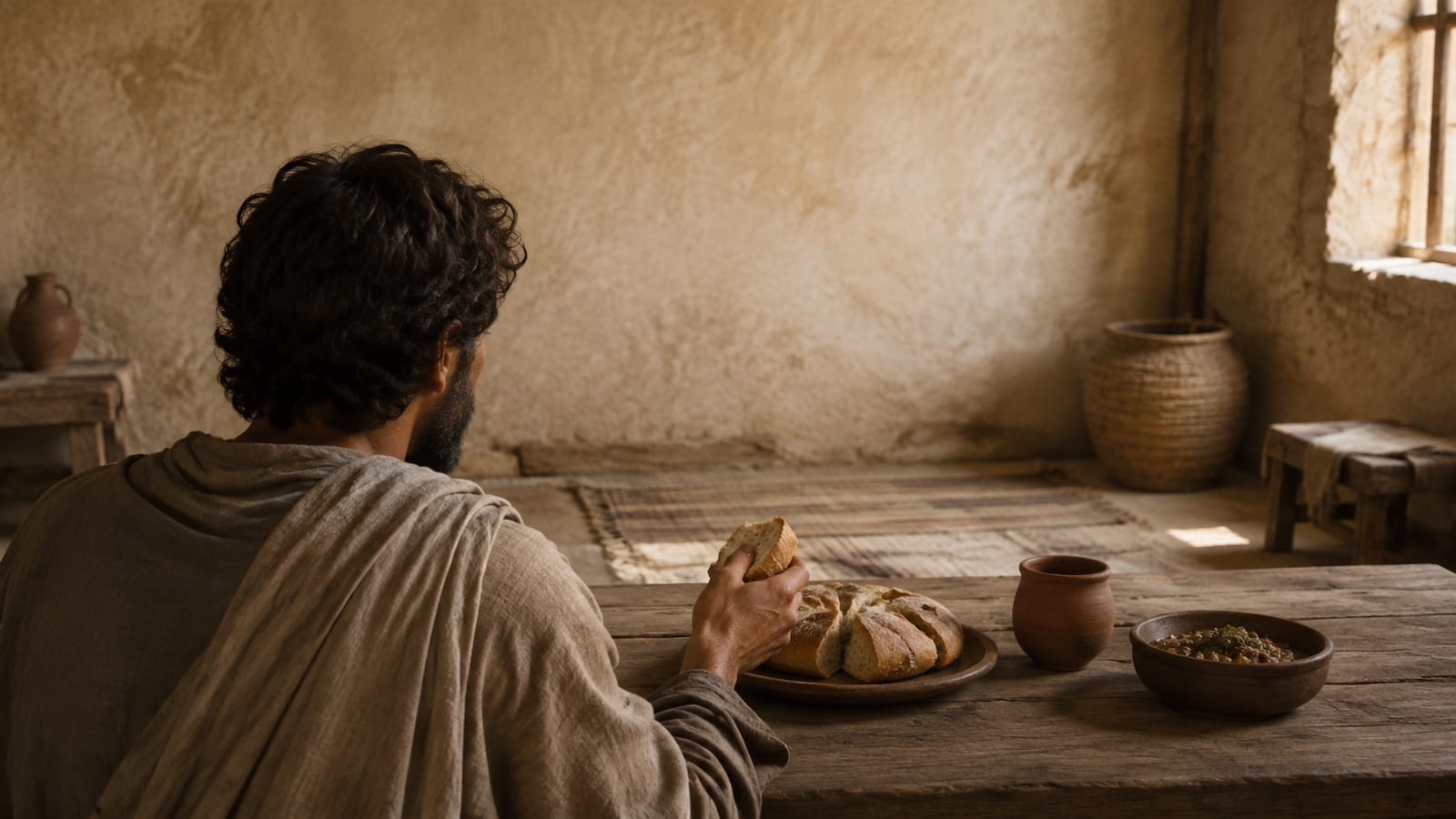 Plain-clothed believer sharing a simple meal in a sparse room during hardship