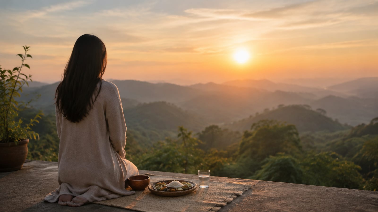 Person kneeling in prayer before a simple meal, choosing spiritual priorities over worldly comparison