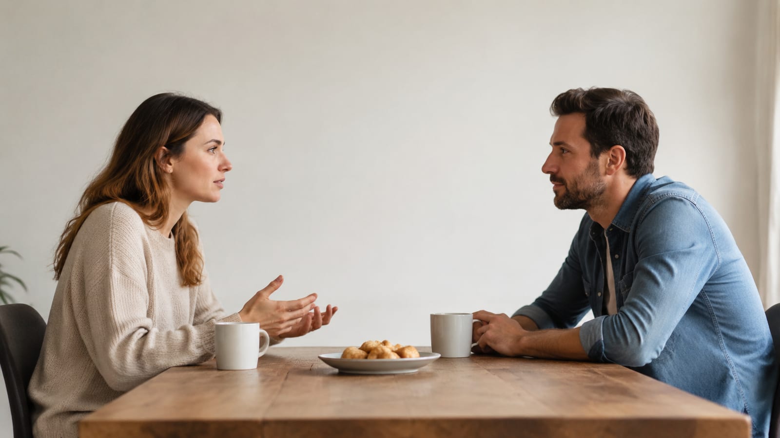 Two Christians having a calm, respectful conversation about criticism in a warmly lit room