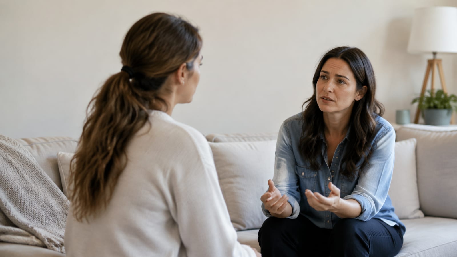 Christian woman responding thoughtfully to harsh criticism while maintaining calm, compassionate body language