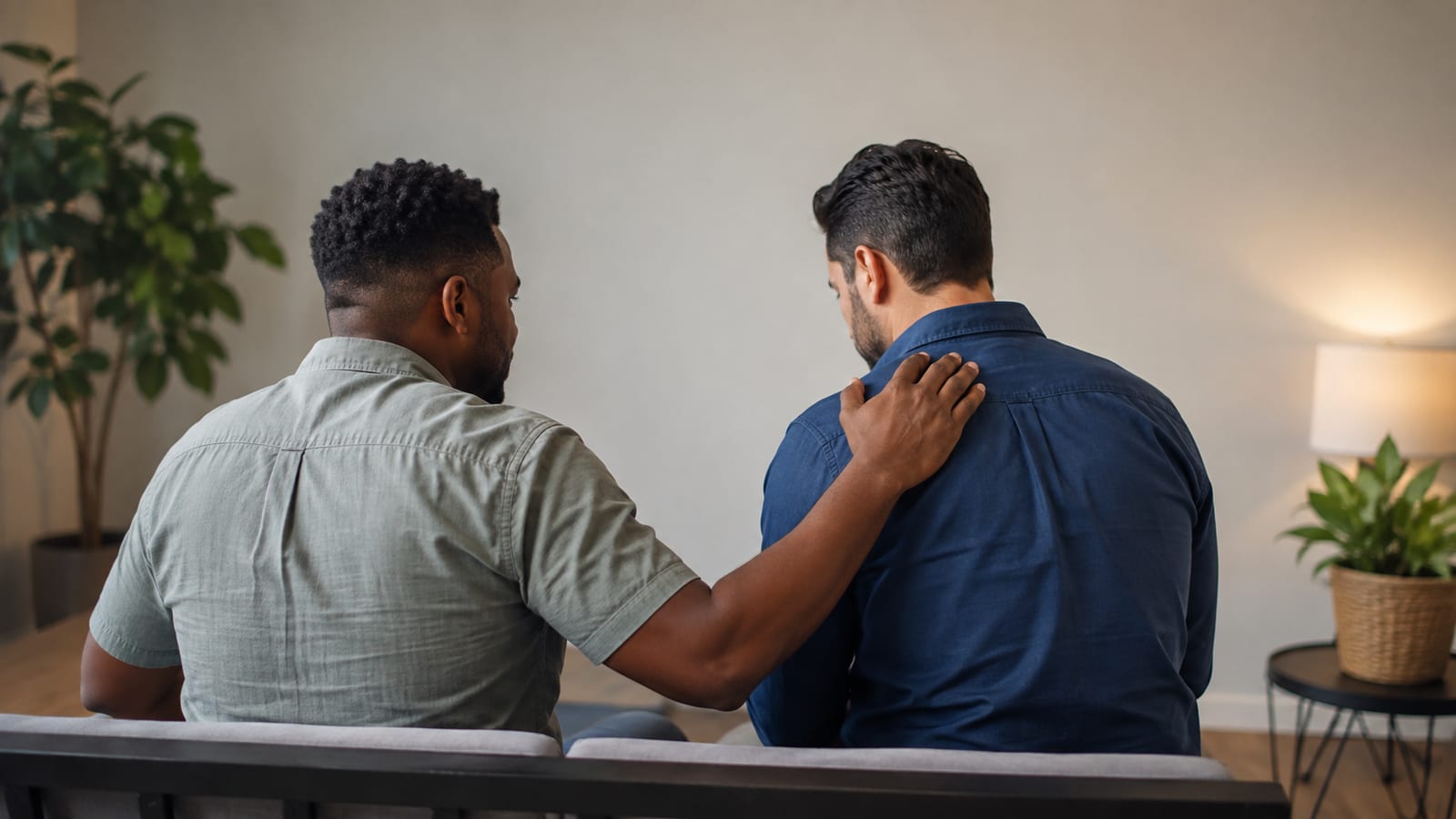 Two Christians reconnecting peacefully after difficult correction, expressing forgiveness through supportive gestures