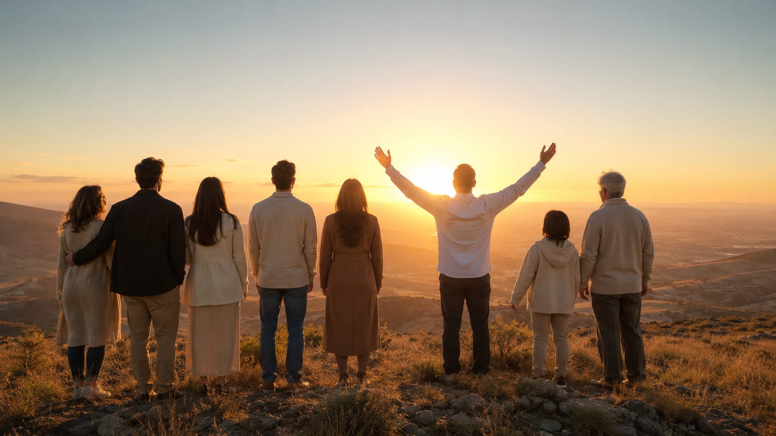 People seen from behind greeting a radiant dawn, symbolizing resurrection at Christ’s return.