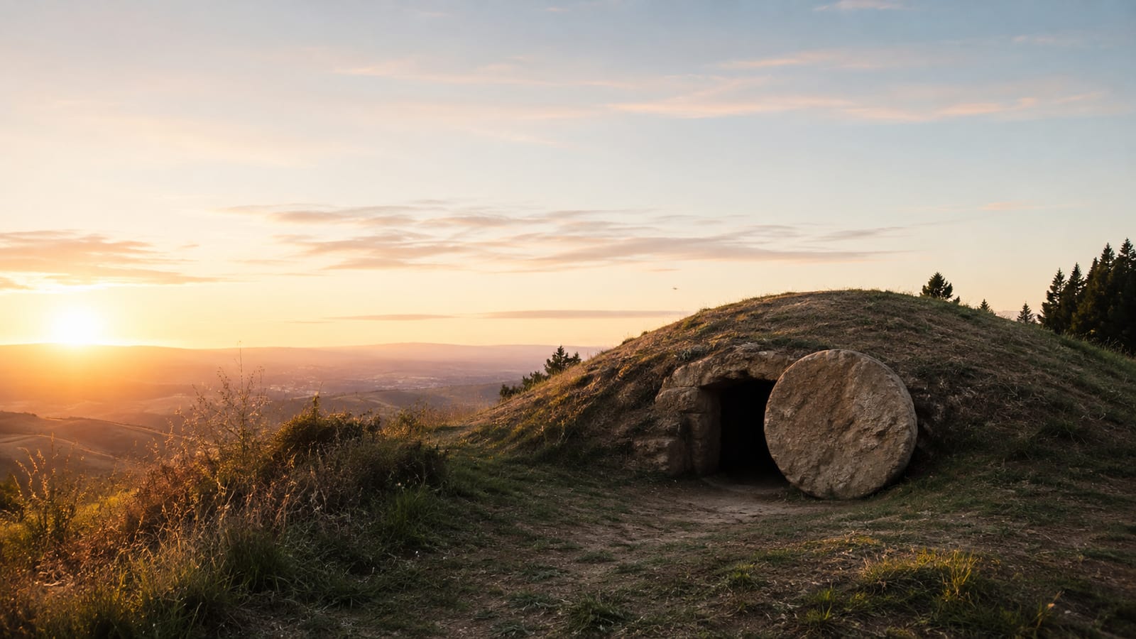 Quiet earth-covered burial mound at dawn, conveying death awaiting resurrection in a generic peaceful setting.