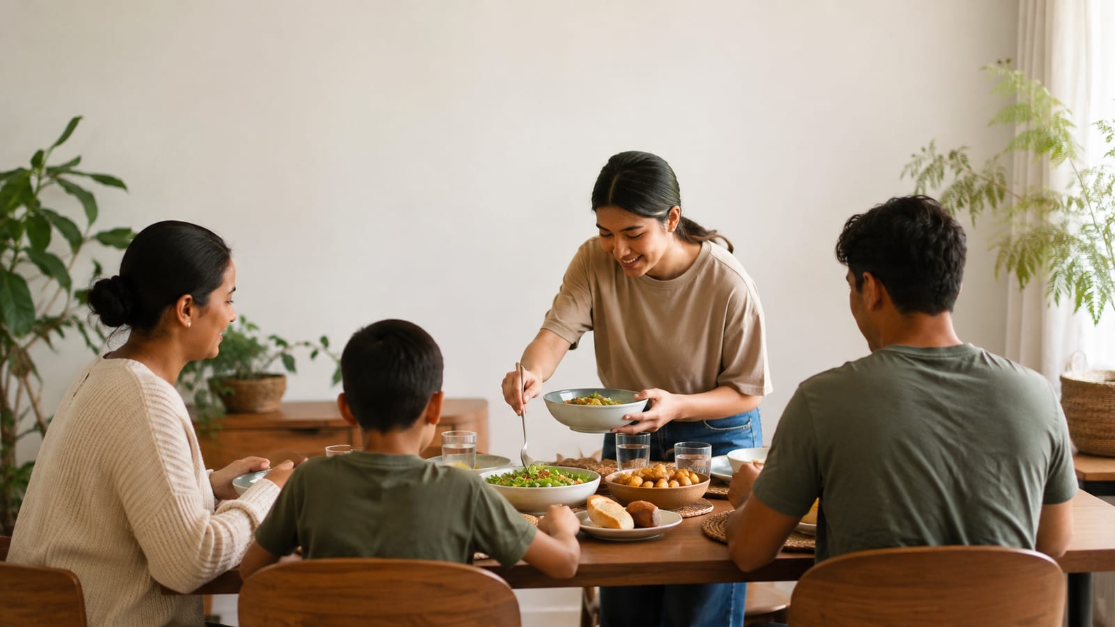 Family seen from behind sharing a warm meal and helping one another, illustrating hope shaping ordinary weekly life.