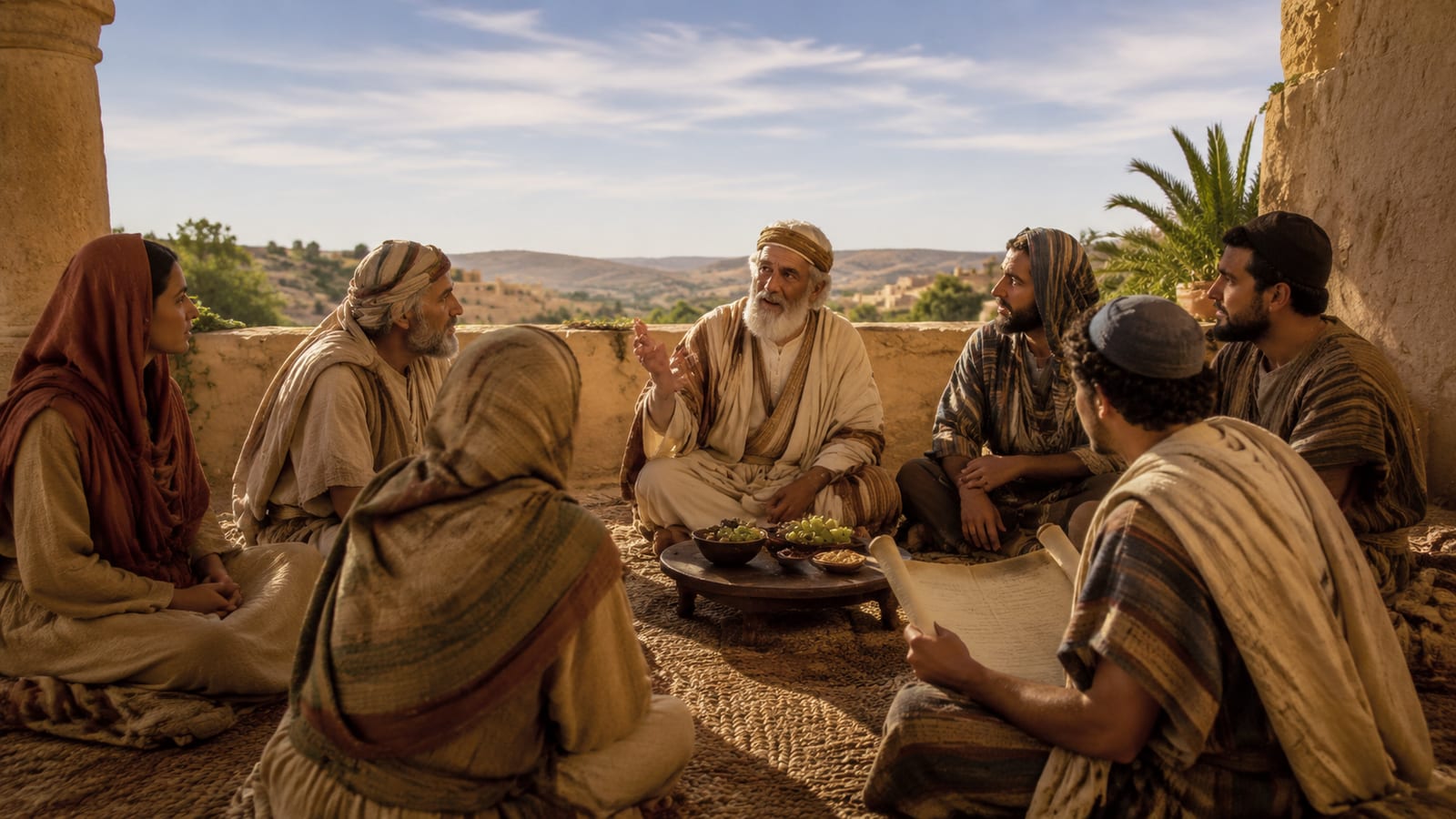 Elders recounting sacred stories to listeners as a scribe prepares blank parchment, no visible writing