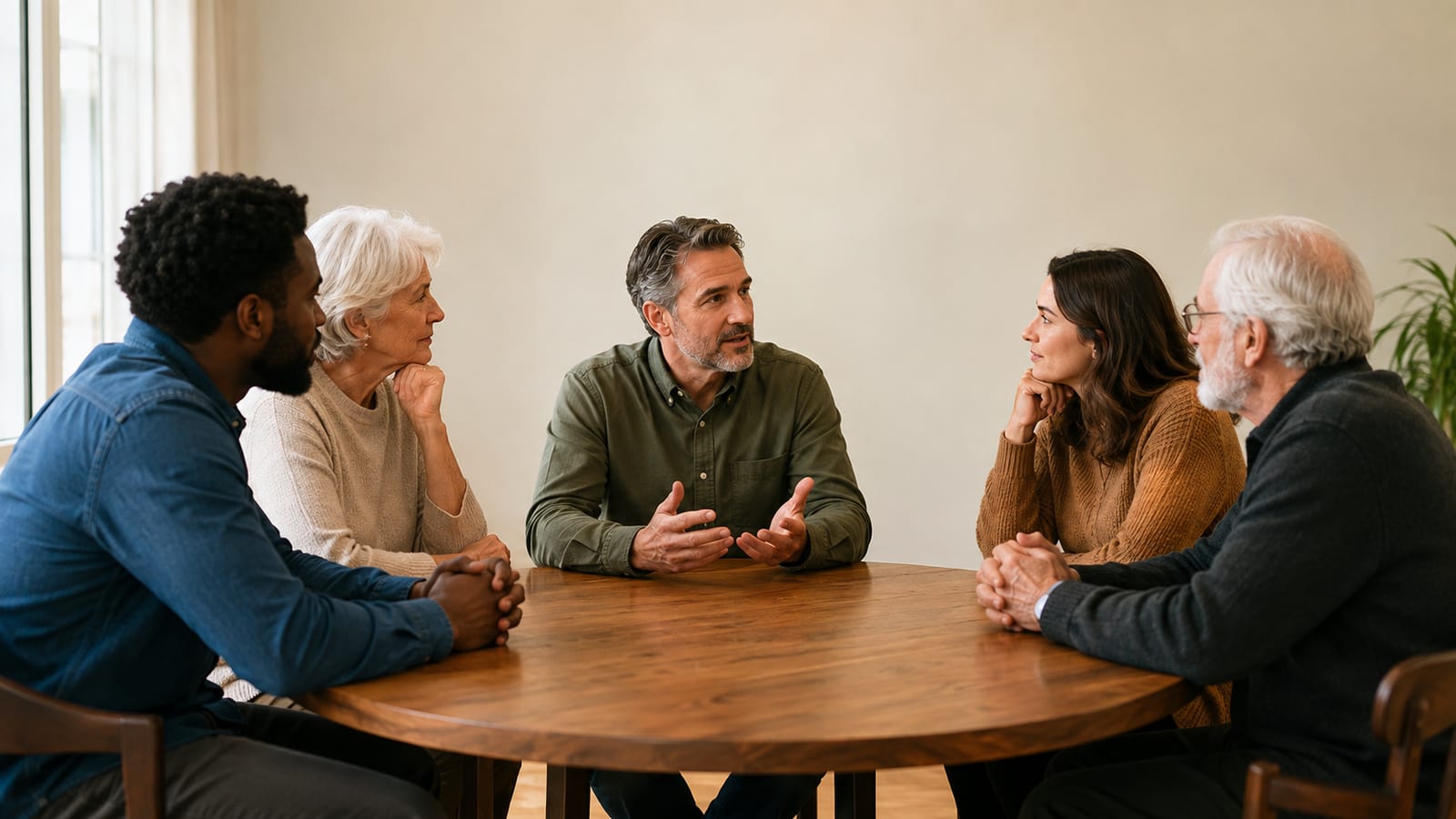 Anonymous Christian scholars discussing biblical authorship around an empty table, no books, screens, or written materials