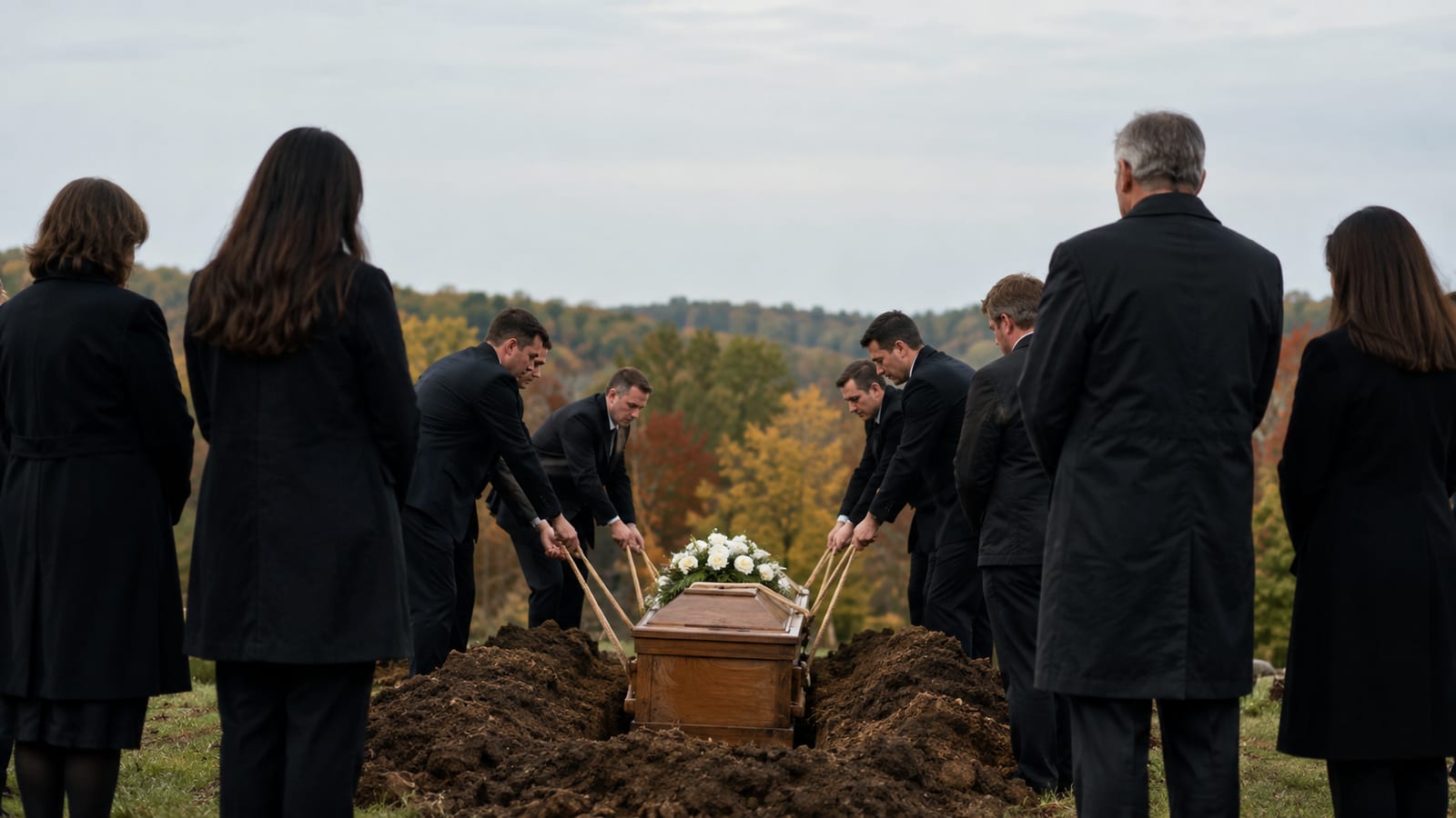 Mourners viewed from behind beside a simple wooden casket during burial