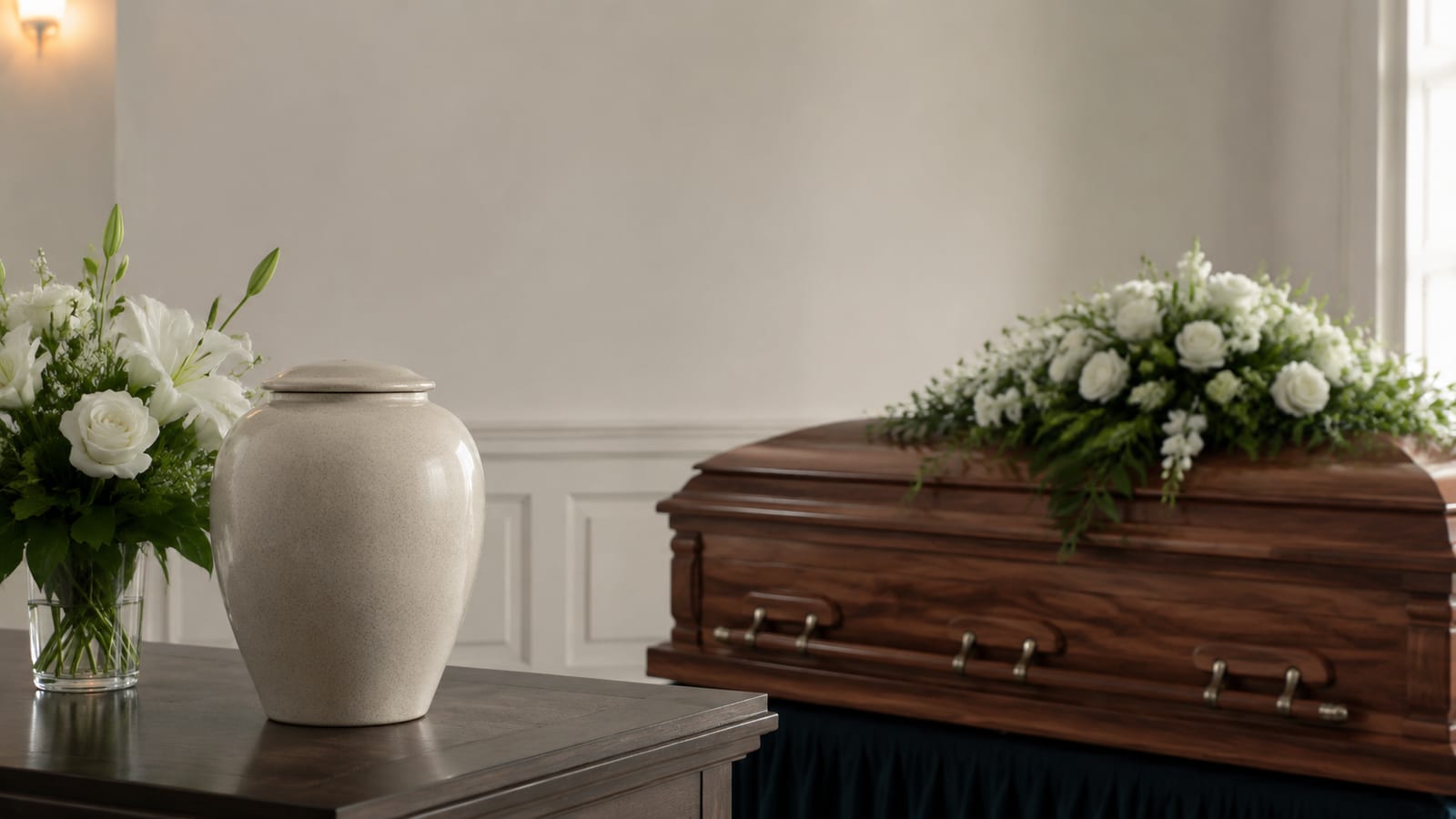 Unmarked ceramic urn and closed wooden casket presented together with simple funeral flowers