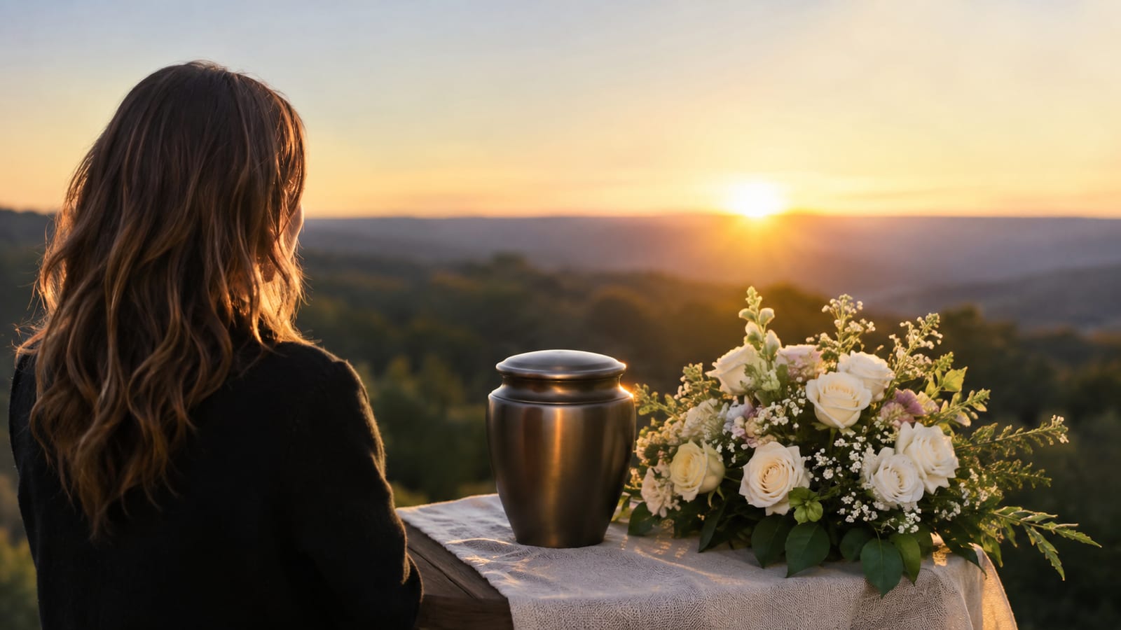 Person seen from behind beside an unmarked urn at sunrise, conveying resurrection hope