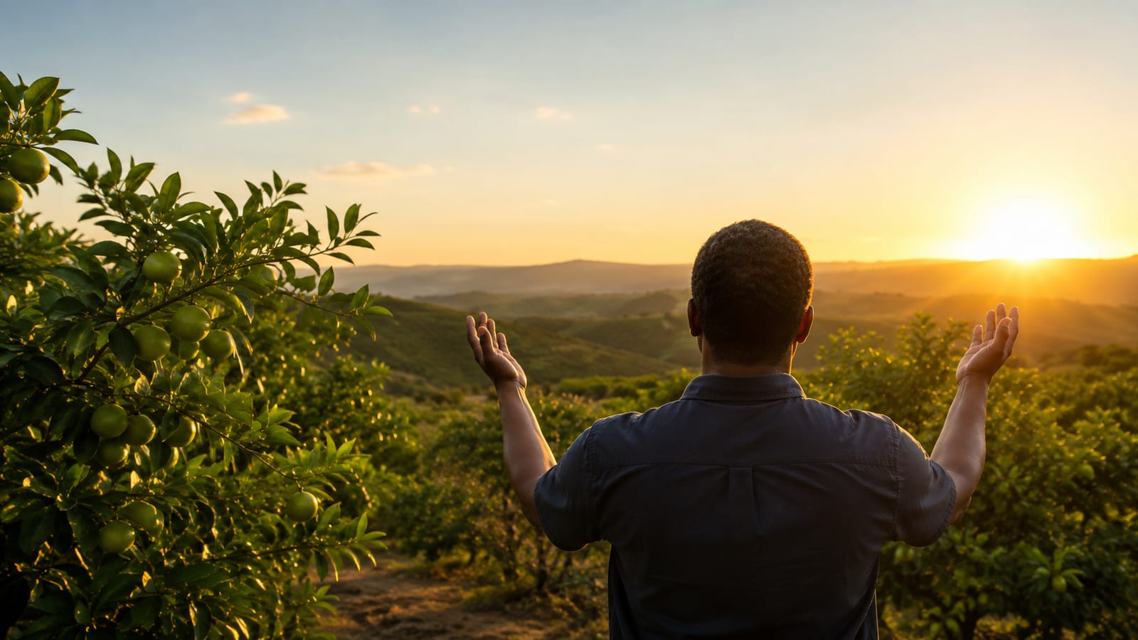 Person praying outdoors beside fruit trees at sunrise, suggesting spiritual growth and devotion