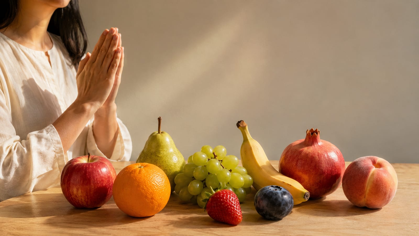 Nine kinds of fresh fruit arranged naturally beside folded praying hands