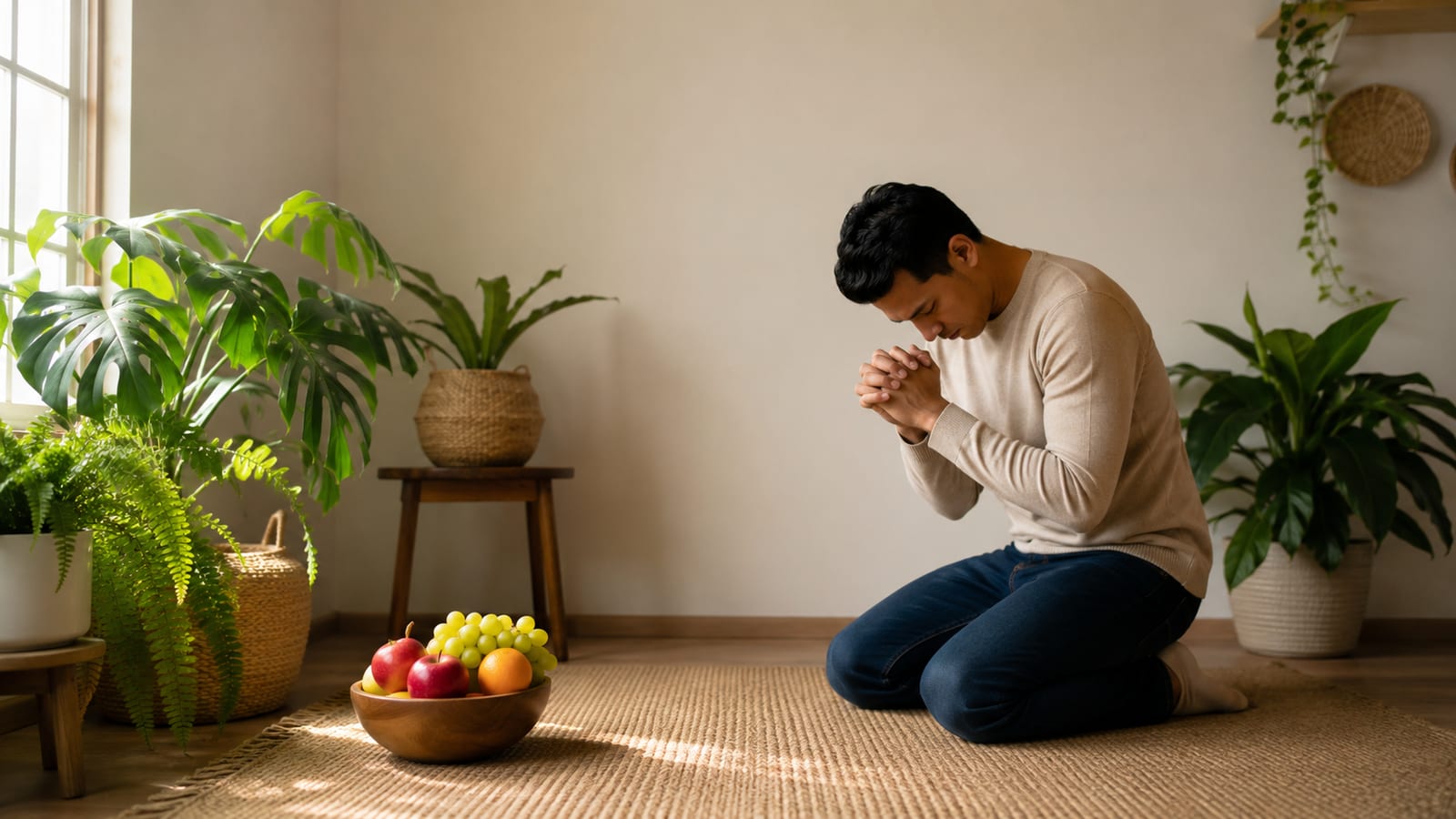 Christian kneeling in quiet prayer beside flourishing houseplants and ripe fruit