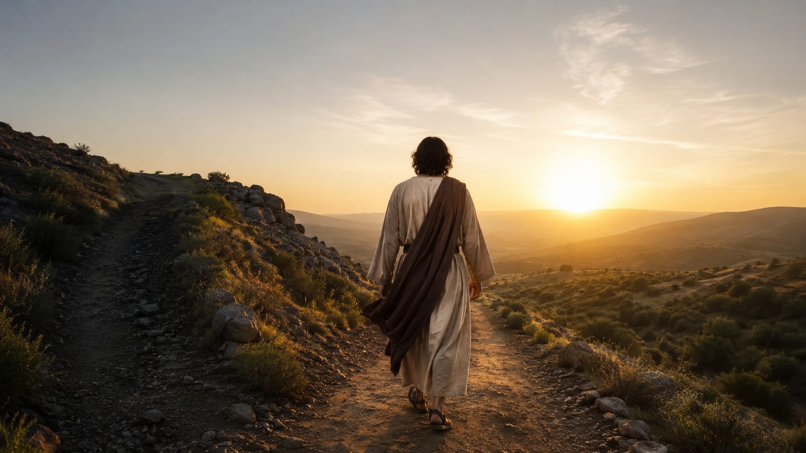 A remorseful disciple seen from behind at dawn, turning away from failure toward renewed service