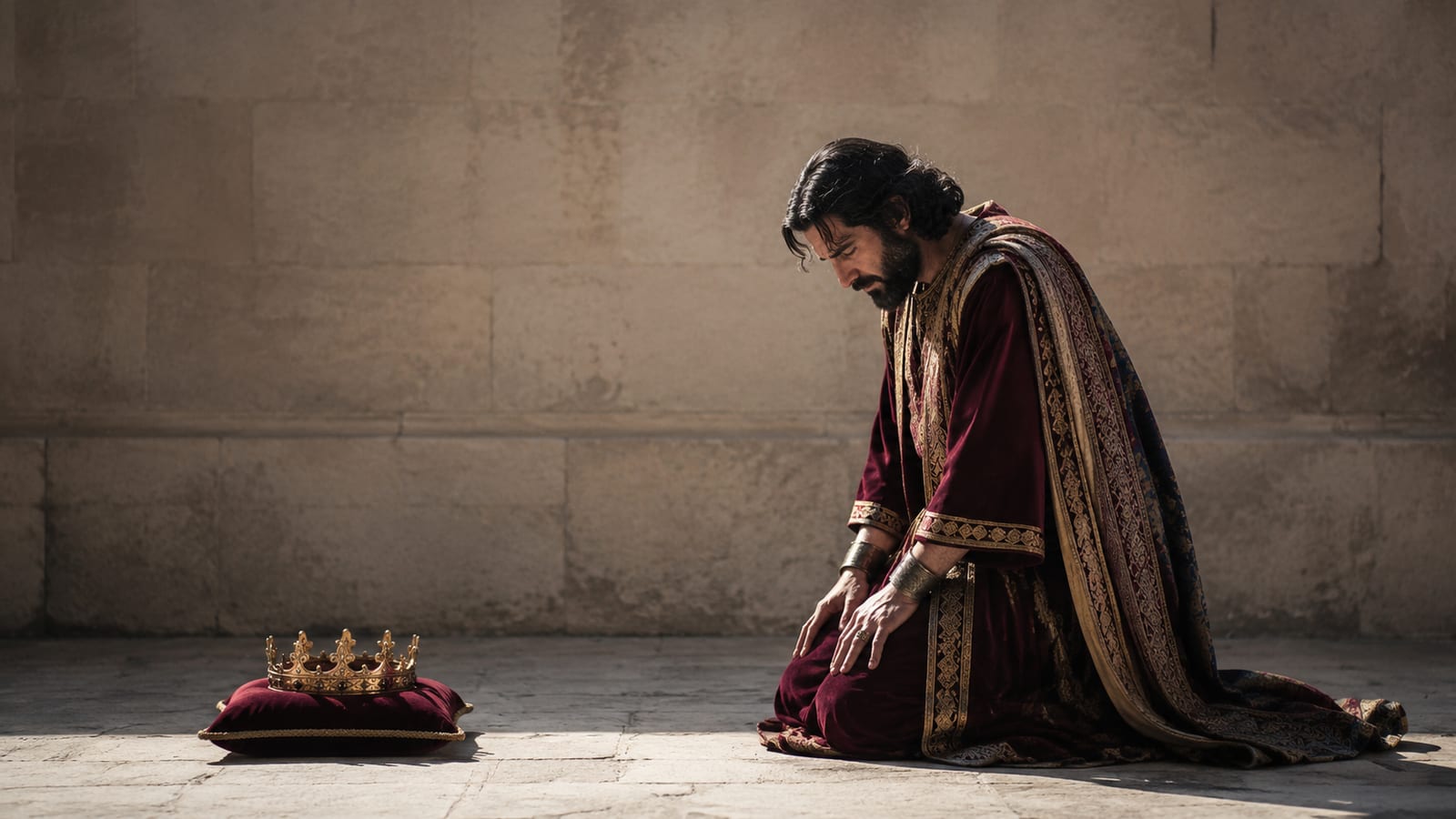 An ancient king kneeling alone in repentance, removing his crown beside an unadorned stone wall