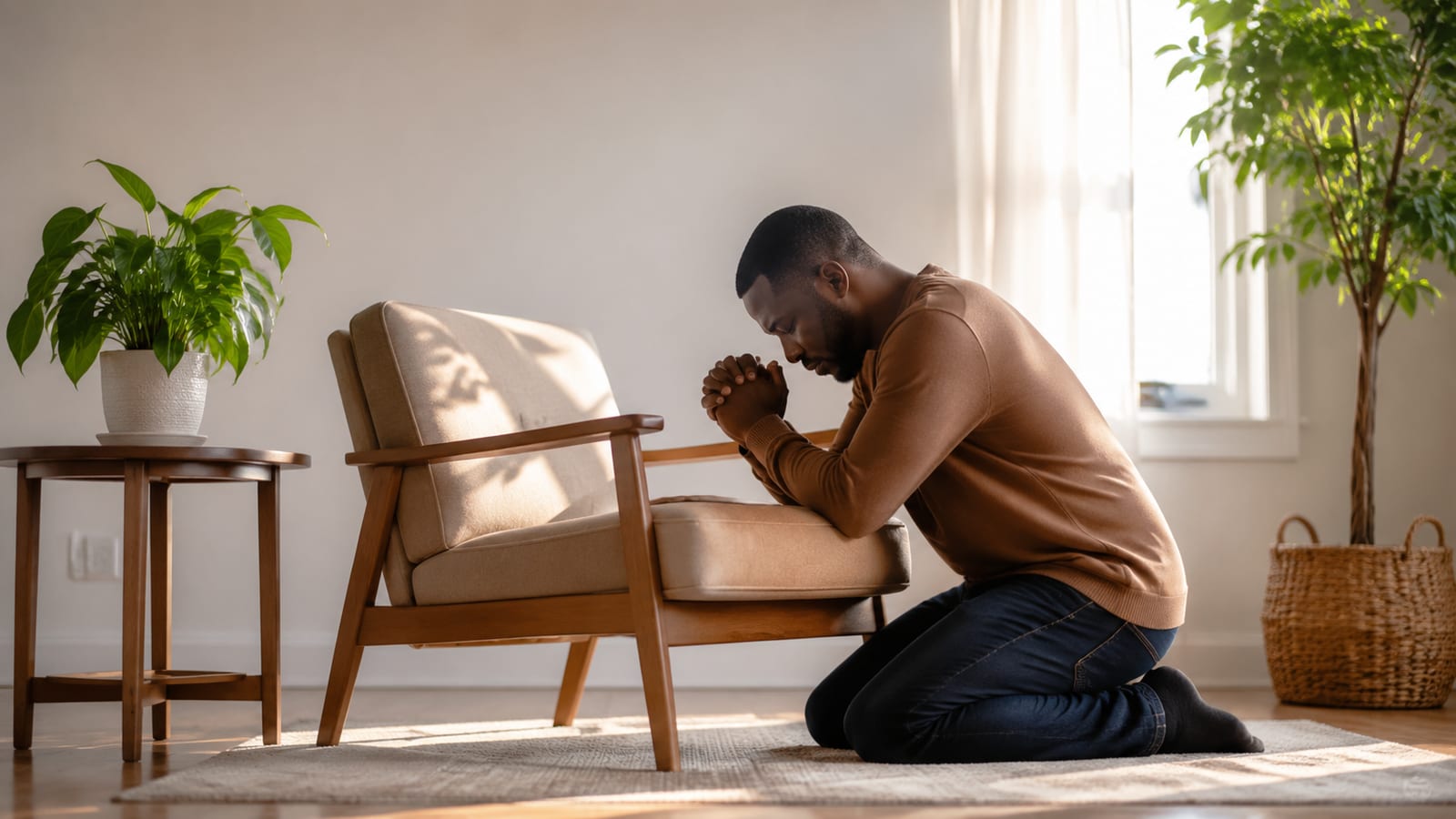 Christian kneeling in quiet morning prayer, applying prophetic counsel through faithful spiritual practice