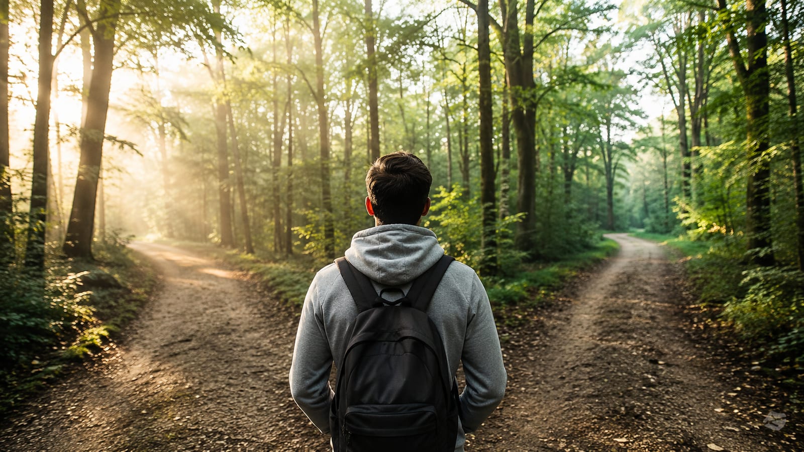 Person pausing at a quiet woodland fork, thoughtfully discerning which direction to choose in faith