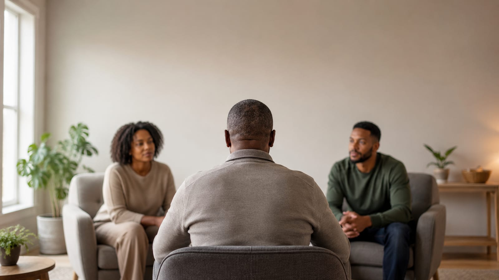 Christian leader listening carefully to two people during a serious, compassionate group discussion