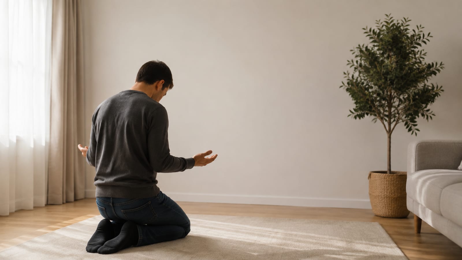 Christian kneeling with open empty hands in a quiet room, expressing biblical humility