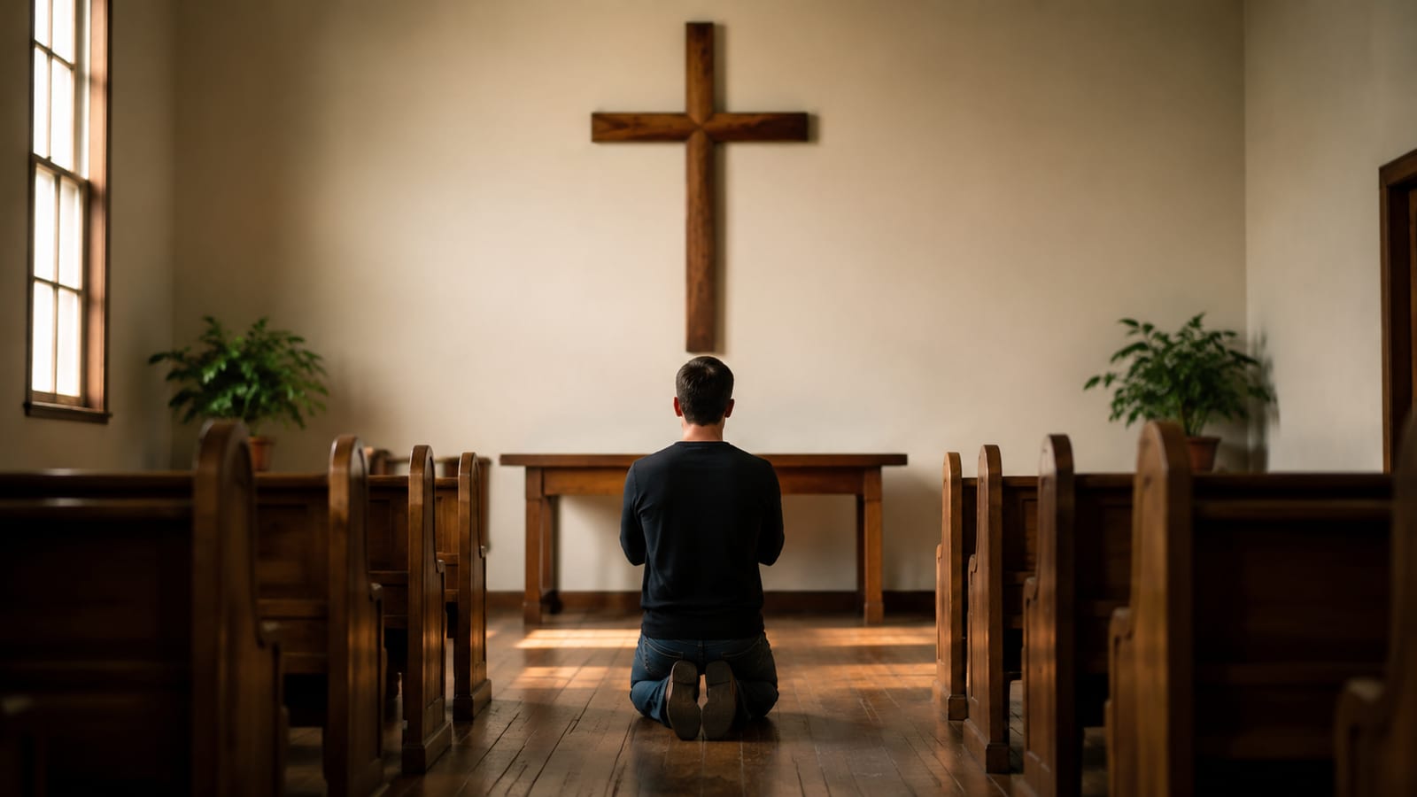 Christian kneeling in prayer, seeking forgiveness beneath a simple wooden cross in warm church light