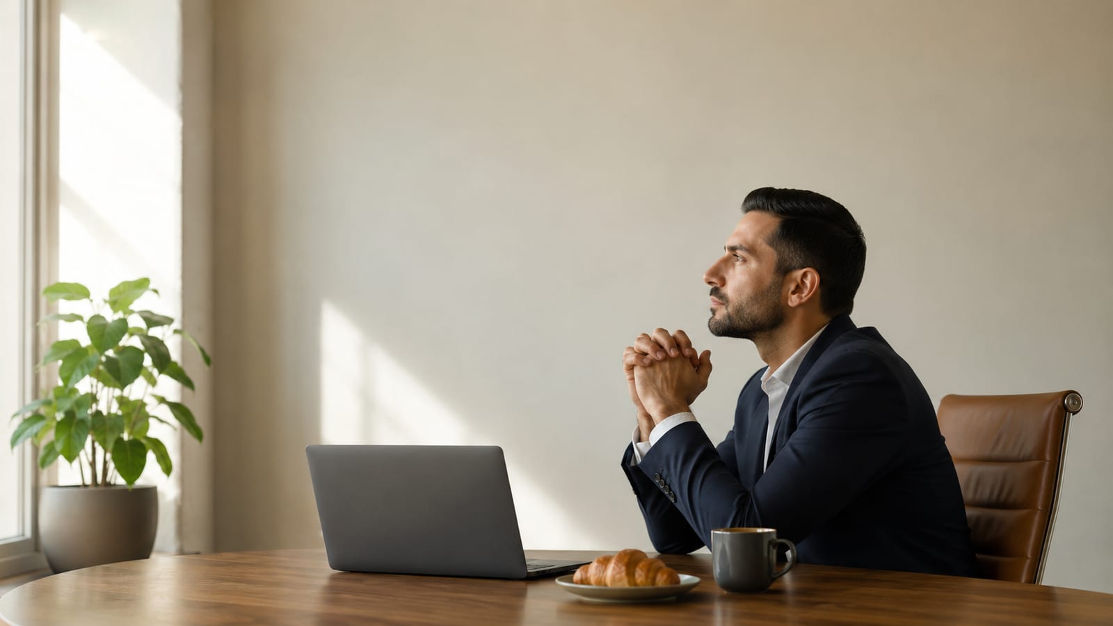 Business owner praying quietly before making a difficult financial decision at a clean desk