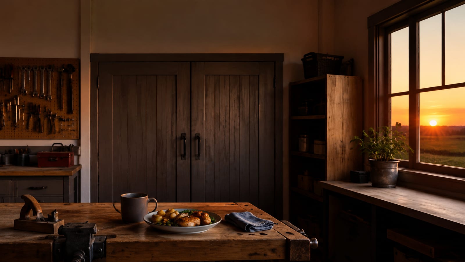 Closed generic workshop at sunset, tools stored away to honor a weekly Sabbath rest